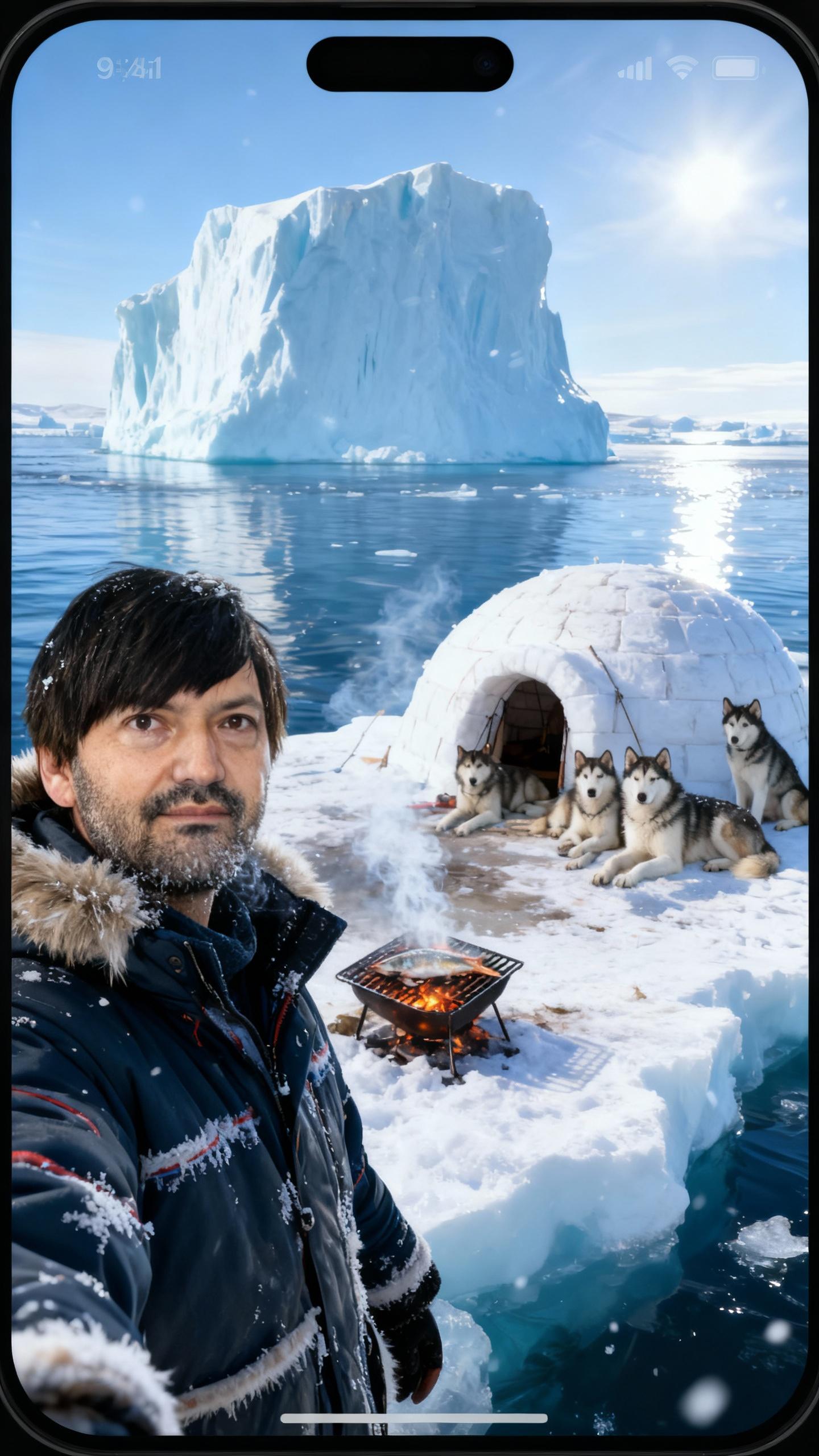 A hyper-realistic wide-angle selfie taken with a smartphone front camera, cold breath visible, slight edge distortion.
A man wearing a thick insulated Eskimo-style parka with fur-lined hood, frost forming on fabric seams and facial hair.

He stands on a massive iceberg surrounded by icy ocean water. In front of him, a small open fire grill cooks freshly caught fish, smoke drifting into the cold air.

Behind him sits a traditional igloo, with several husky dogs resting nearby, their fur detailed and slightly snow-dusted.

Cold Arctic lighting: blue-white tones, crisp highlights, realistic ice reflections, wind blowing snow particles.

Smartphone realism: sharp subject, cold color balance, natural exposure, survival-style candid selfie.

Ultra-photorealistic, believable, no fantasy elements.
