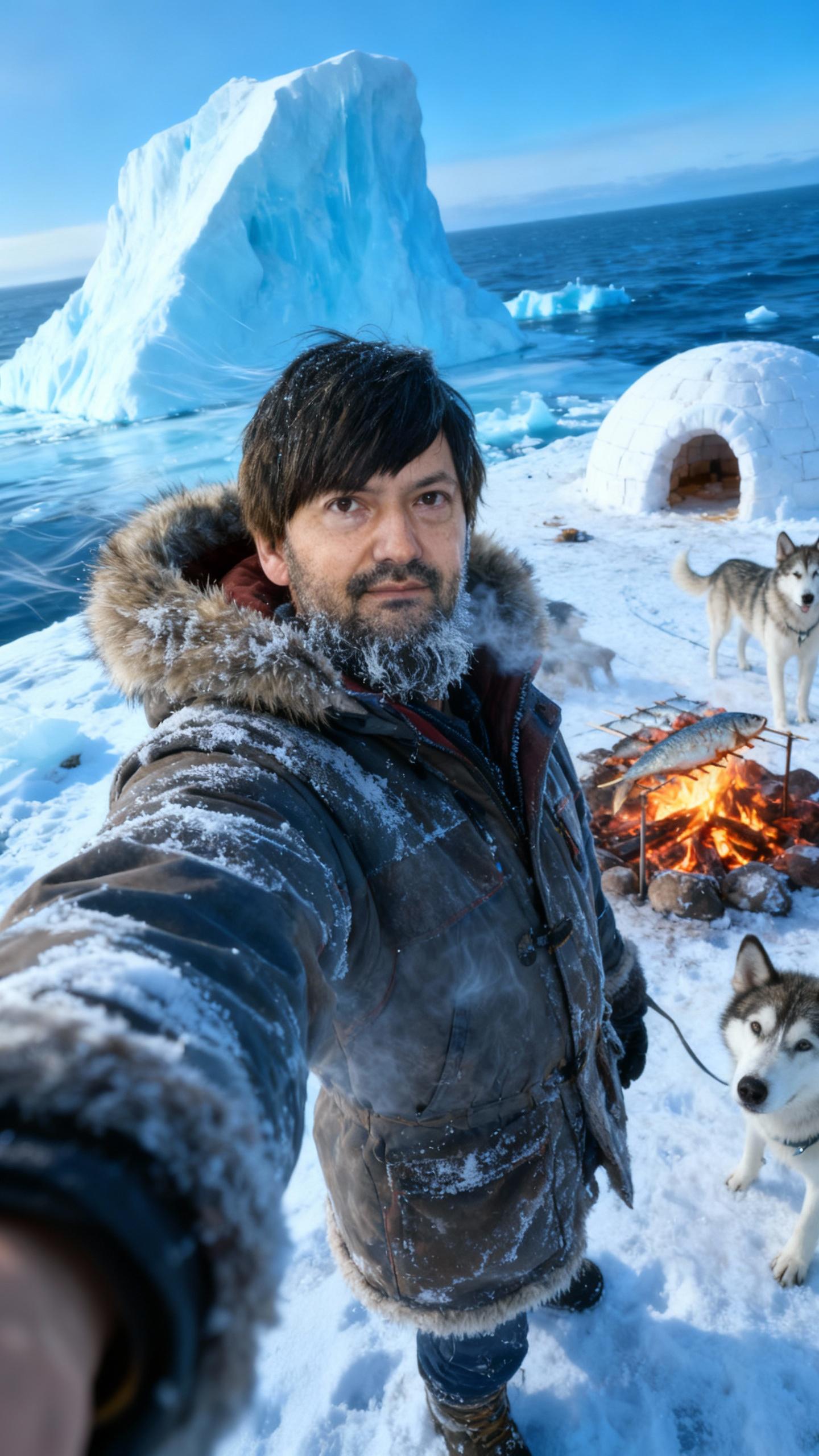 Wide-angle smartphone selfie, arm extended, cold breath visible.
Man wearing heavy Eskimo parka with fur hood, frost on fabric and beard.
Standing on an iceberg, fish grilling on open fire, igloo and husky dogs behind him, icy ocean surroundings.
Cold blue lighting, wind blowing snow, ultra-photorealistic.