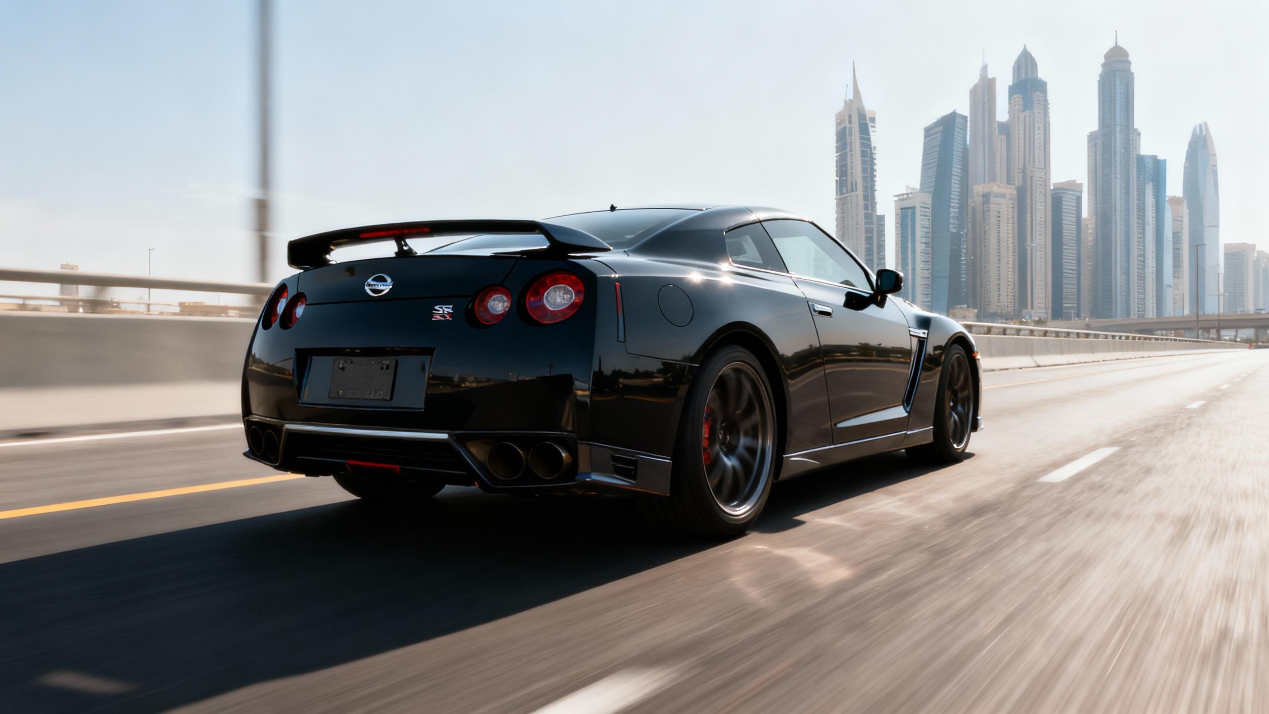 black nissan gtr driving very fast on highway, sky scrapers