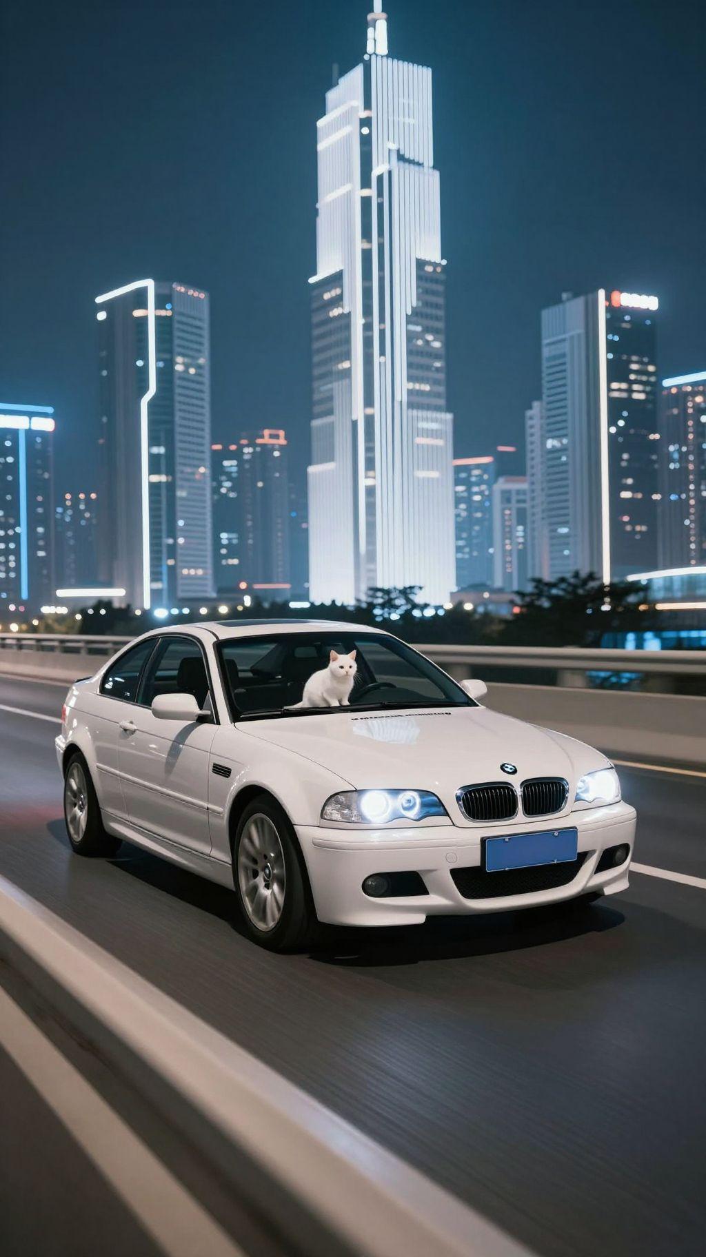white cat driving white bmw e46 driving very fast on highway bridge in futuristic city with white sky scrapers at night, blue neon lights, motion blur