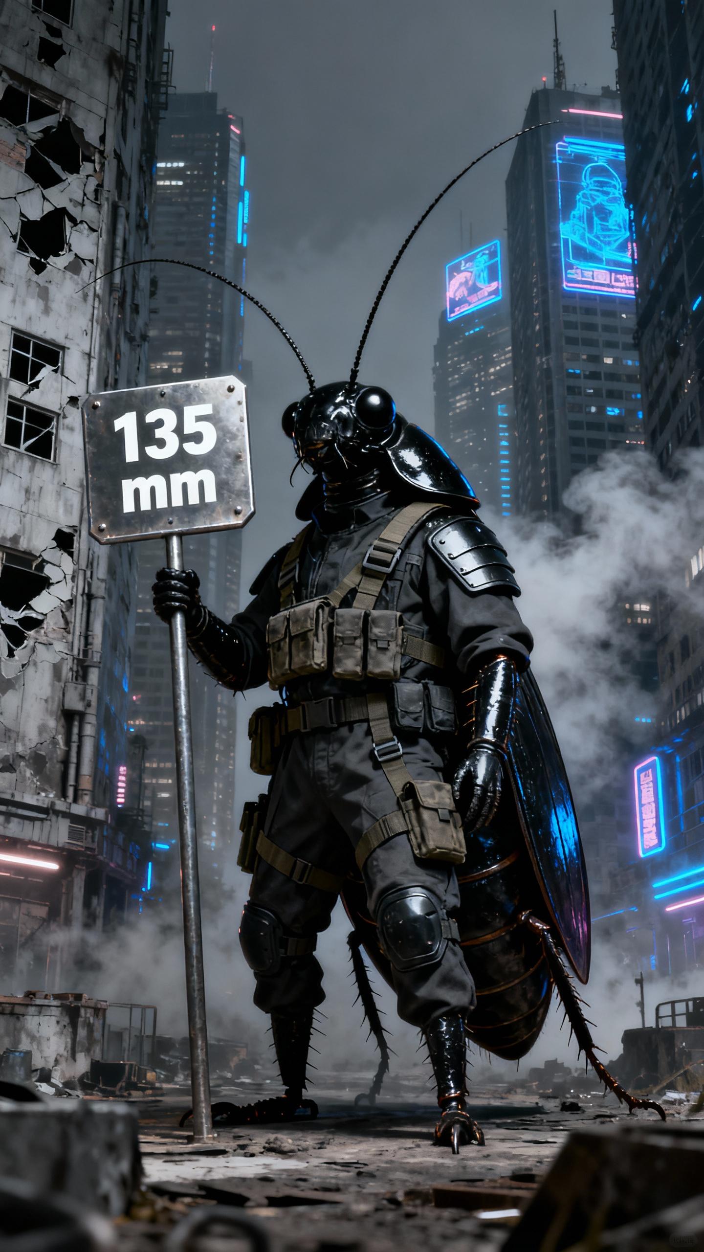 colossal cockroach wearing tactical gear uniform, standing upright and holding a metal sign with text: "135 mm" in dystopian city with sky scrapers
