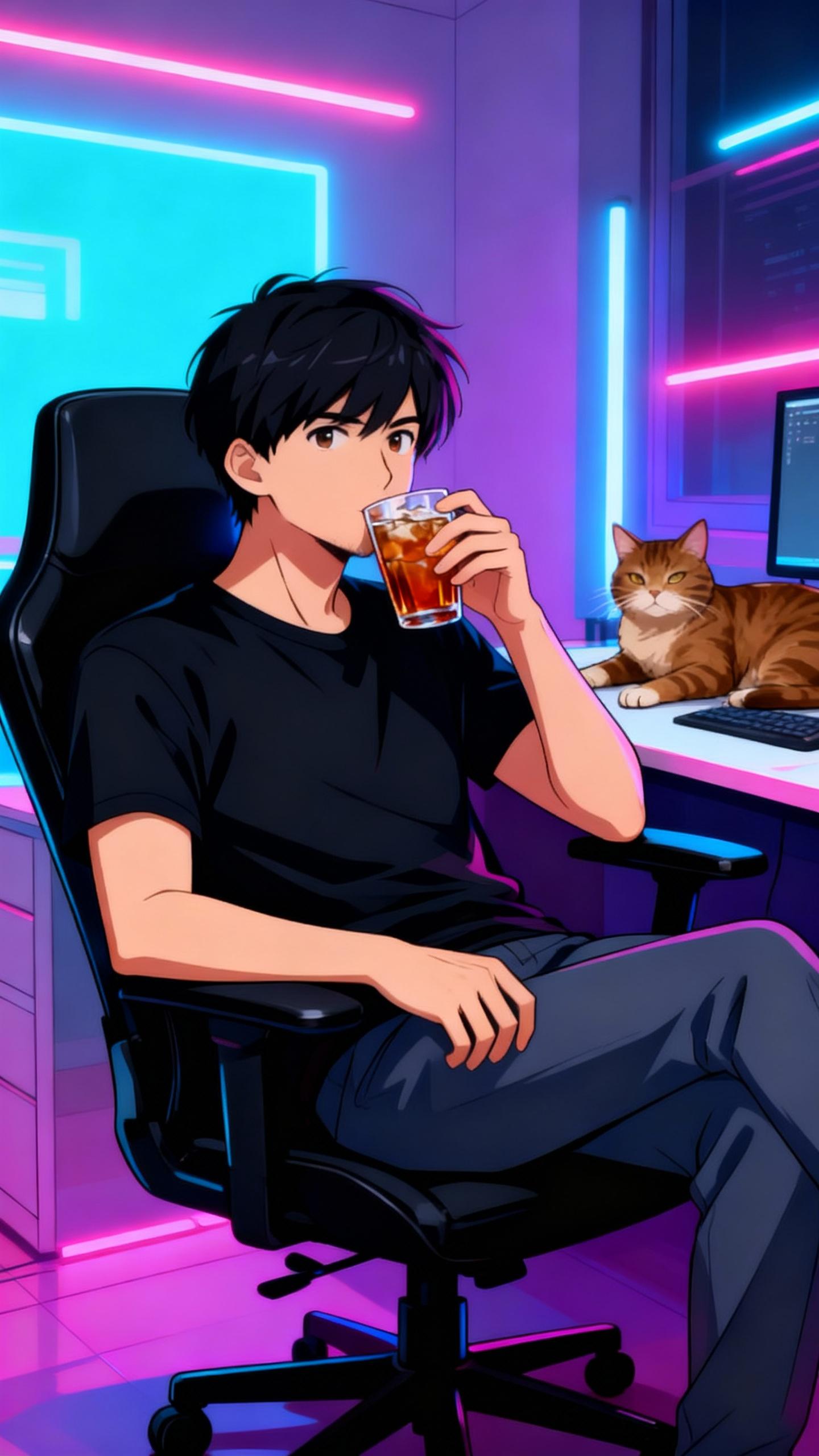 The man is seated comfortably on a black chair, sipping a glass of iced tea. A brown cat is lounging on the desk, seemingly enjoying the tranquility of the moment. The scene is illuminated by neon lights, casting a vibrant glow on the surroundings. This image is rendered in the anime style, characterized by its dynamic action poses, vivid colors, and sharp outlines.
