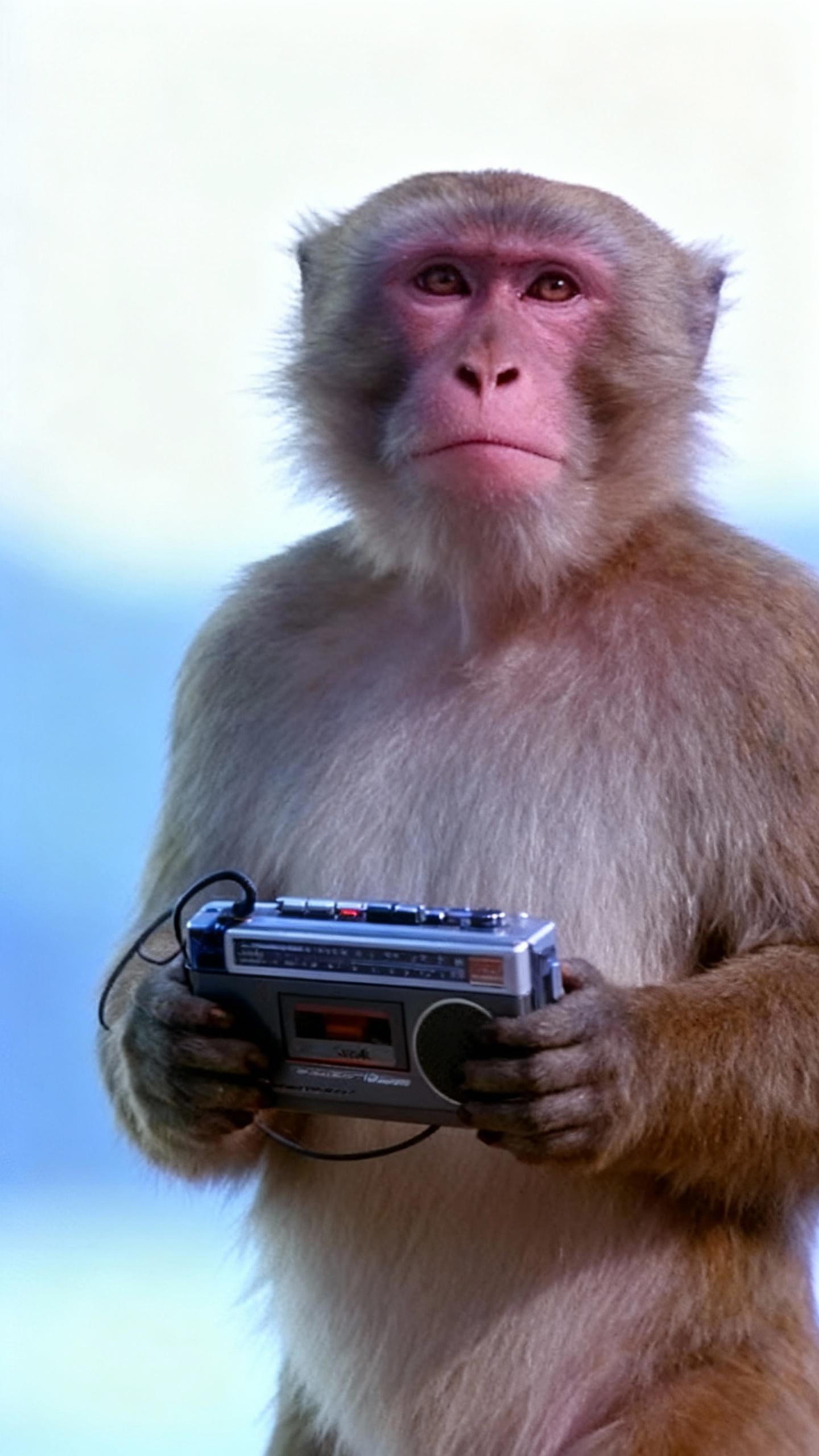 monkey listening music, walkman in hand, blue sky. same monkey, same position, same background, same expression, mouth closed. realistic ultra sharp, high resolution photogrphy