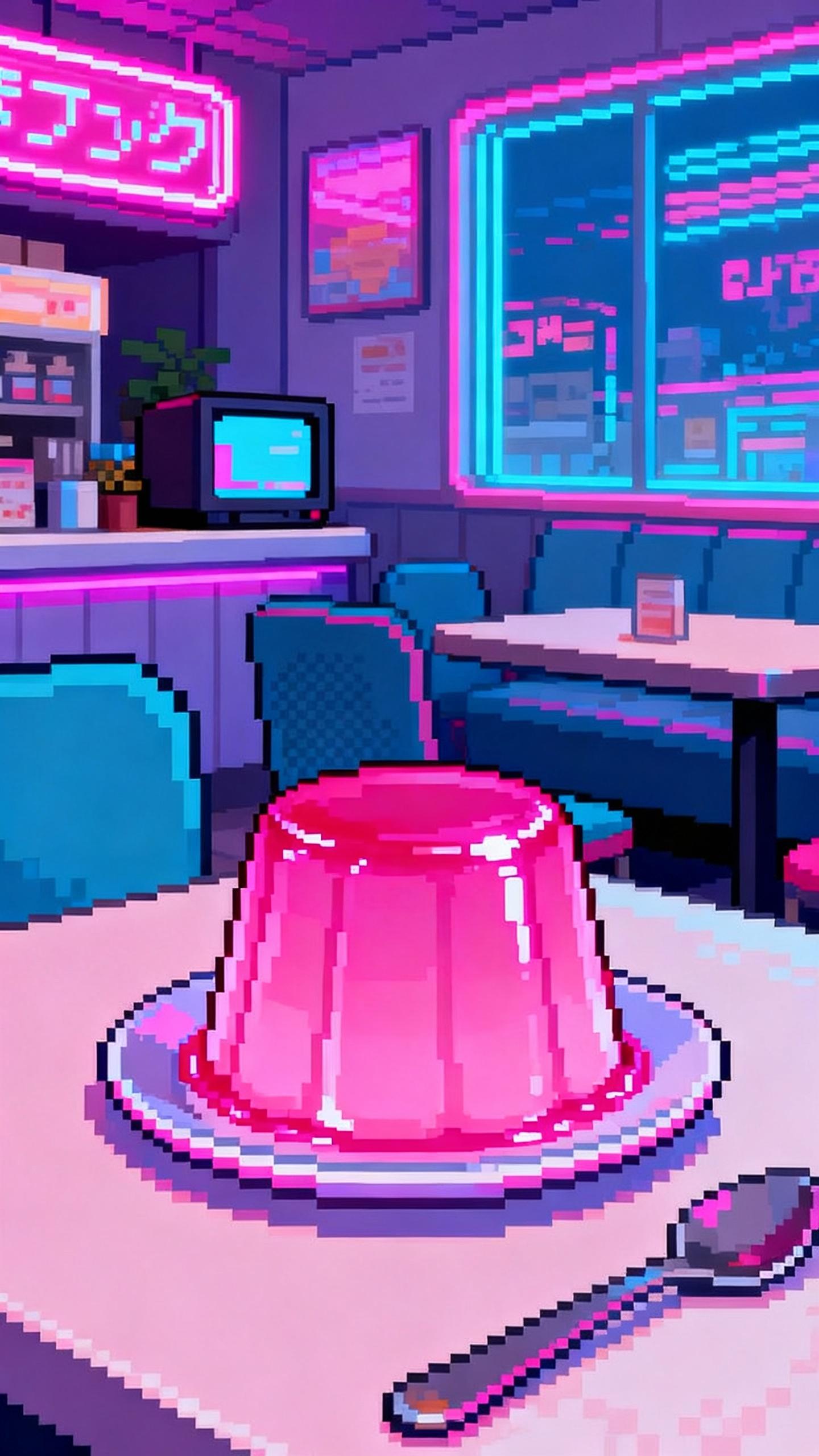 bright pink pudding in japanese retro futuristic pixel cafe
