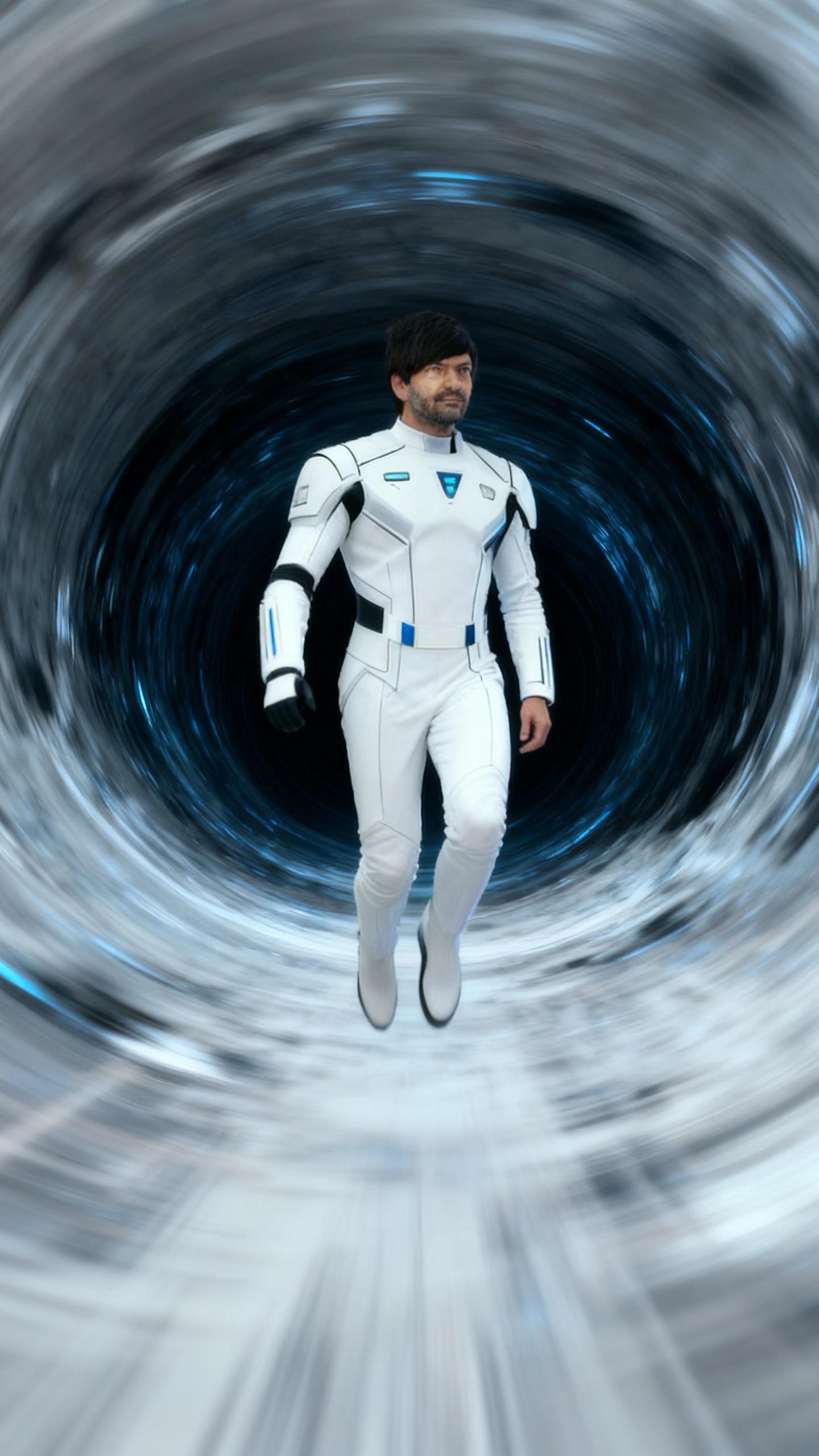 the man is middle of transportation and in wormhole, extreme vertical motion blur