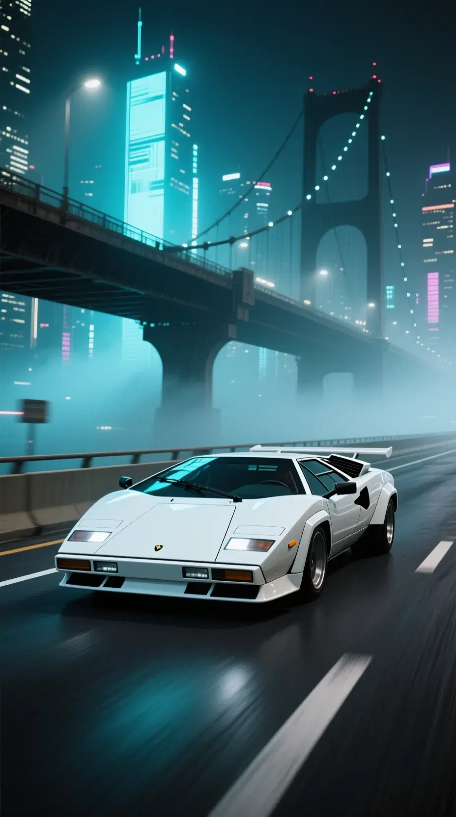 white lamborghini countach driving on highway in blade runner dystopian city at night, bridge and fog