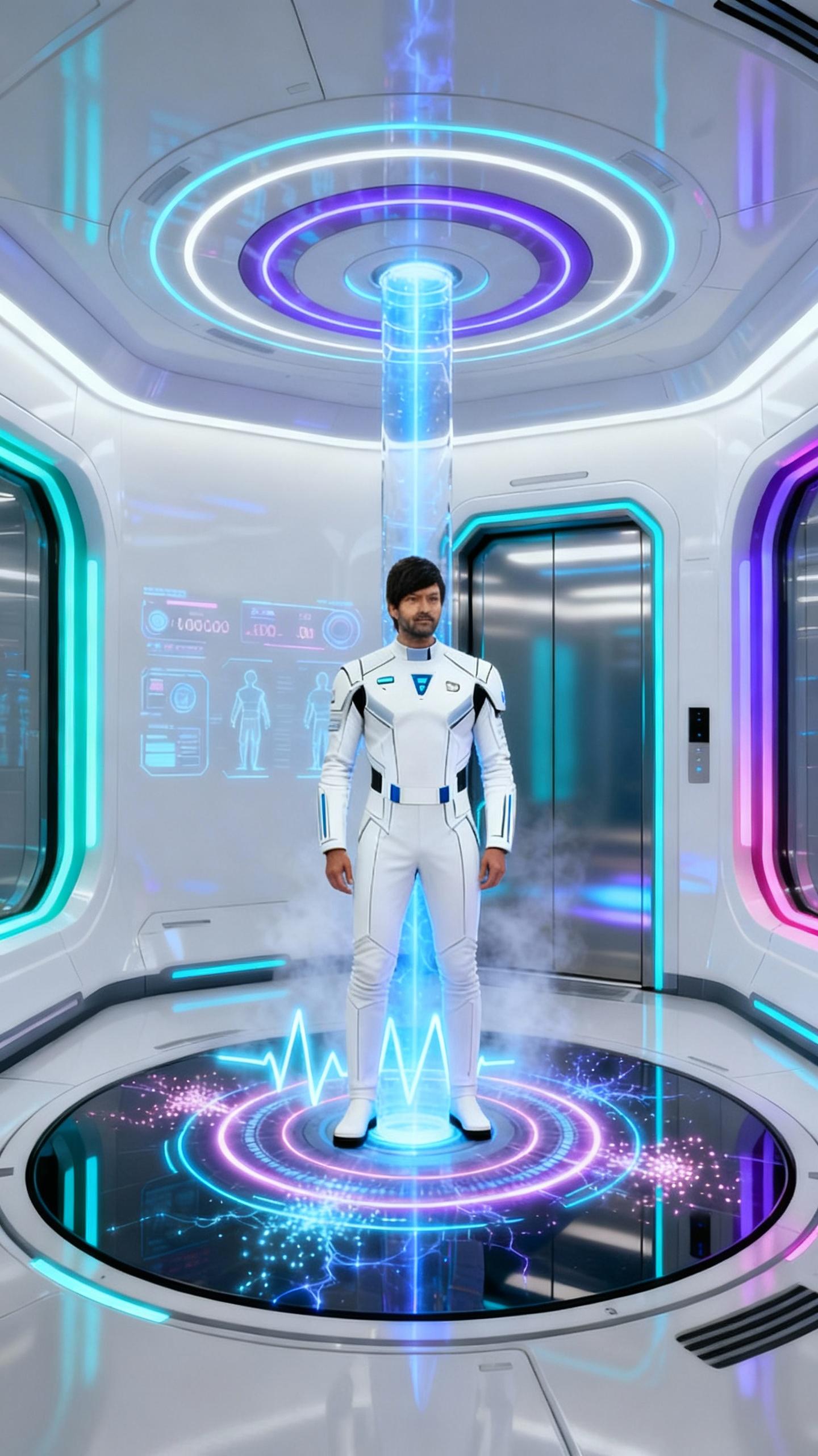 The man stands confidently in the center of a futuristic teleportation chamber, his white and blue suit gleaming with a futuristic design. The suit is detailed with blue accents and a central emblem, suggesting a high-tech origin. The background is white glossy, highlighting the subject and the suit's intricate details.