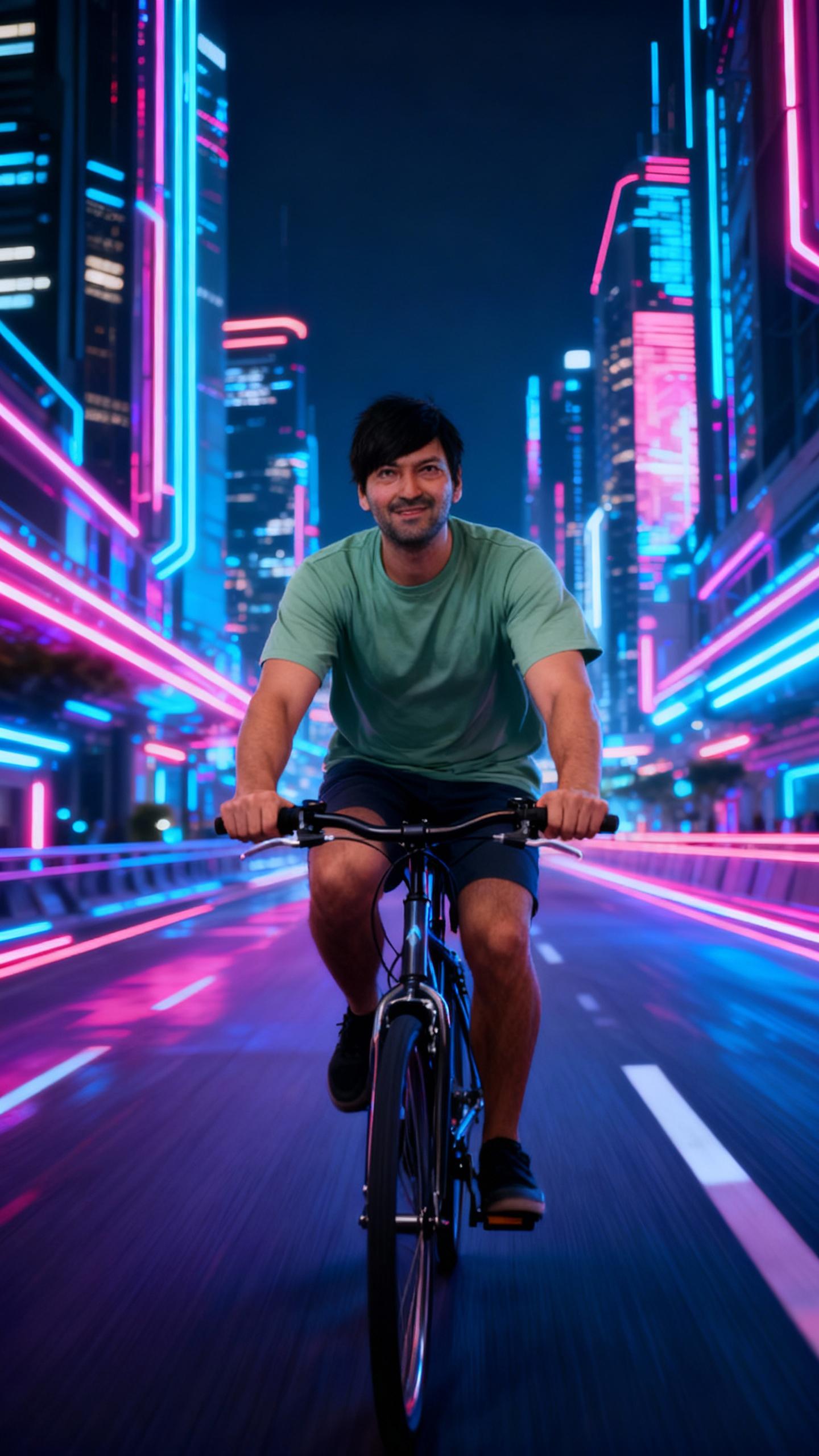 A man, with a joyful expression, is seen riding a bicycle in a futuristic cityscape, where the buildings and roads are adorned with vibrant, neon lights. The scene is captured in a high-resolution, cinematic quality with a dynamic lighting setup, featuring a mix of natural and artificial light sources to create a sense of depth and atmosphere. The image is a testament to professional photography, showcasing sharp focus and a high level of detail that brings the urban setting to life.
