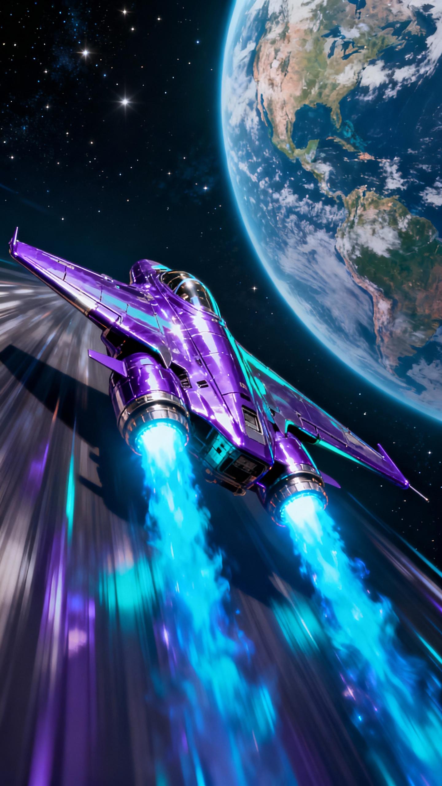 A sleek, purple and turquoise, aerodynamic spacecraft, gliding at light speed, its surface shimmering with a glossy finish, the camera capturing the vibrant blue afterburner flames, as it soars towards the planet Earth.