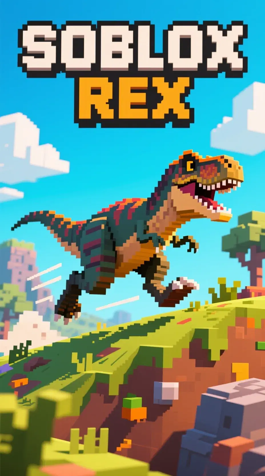 soblox rex saurus running fast on hill in prehistoric pixel world, roblox game style, text: SOBLOX REX