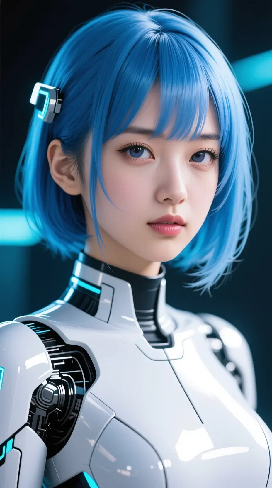 portrait of blue haired japanese female ai woman