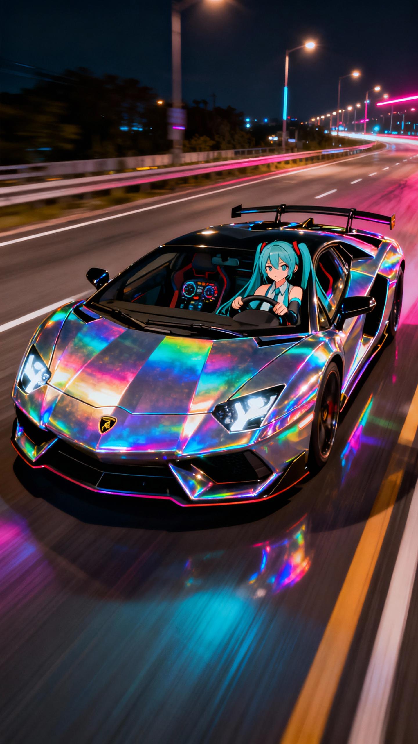 Hatsune Miku sitting in a high reflective rainbow hologram iridescent chrome Lamborghini Aventador SVJ behind the steering wheel and driving it on highway in Need For Speed Underground 2 at night