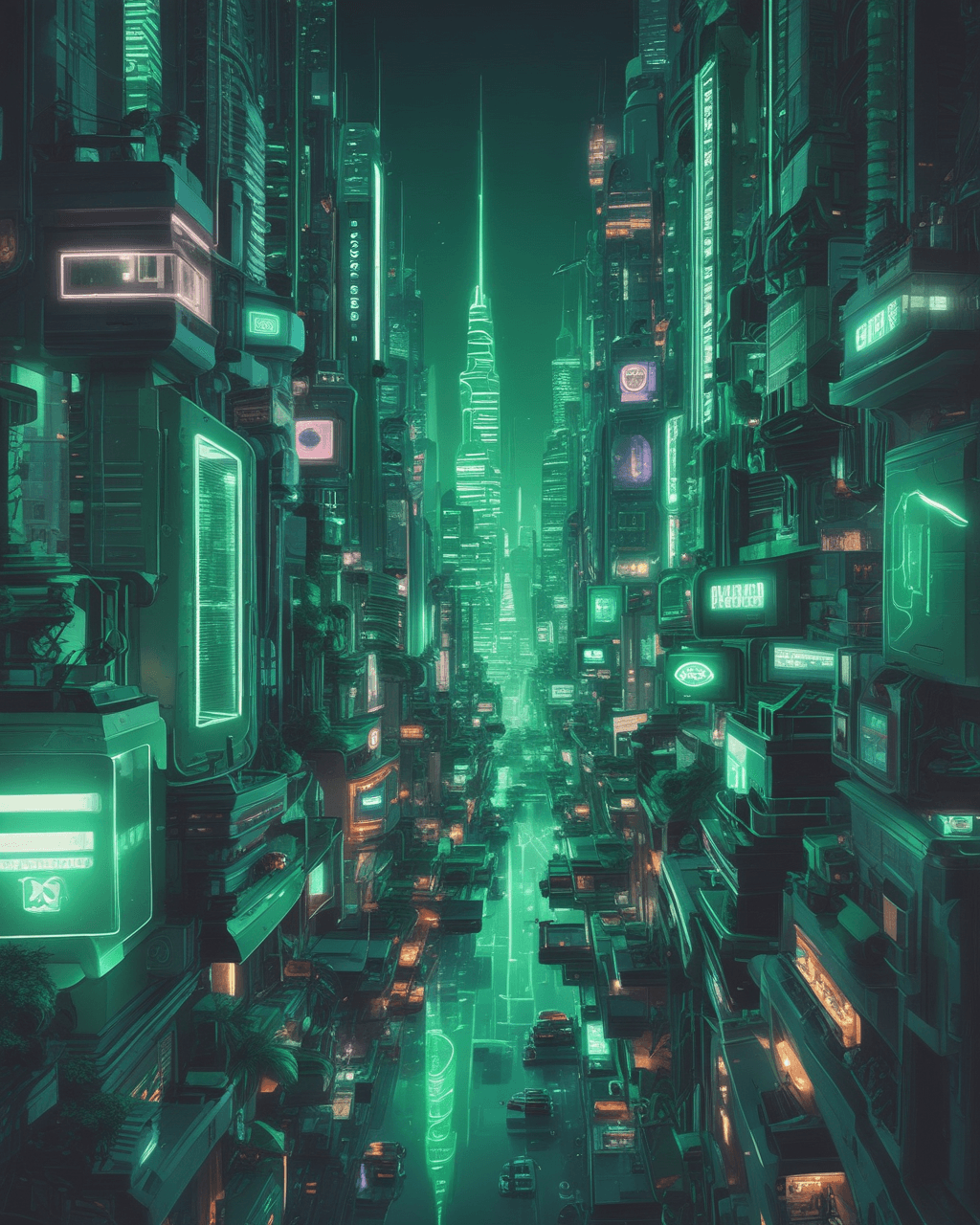 Boobawamba, futuristic city, green neon lights, green theme