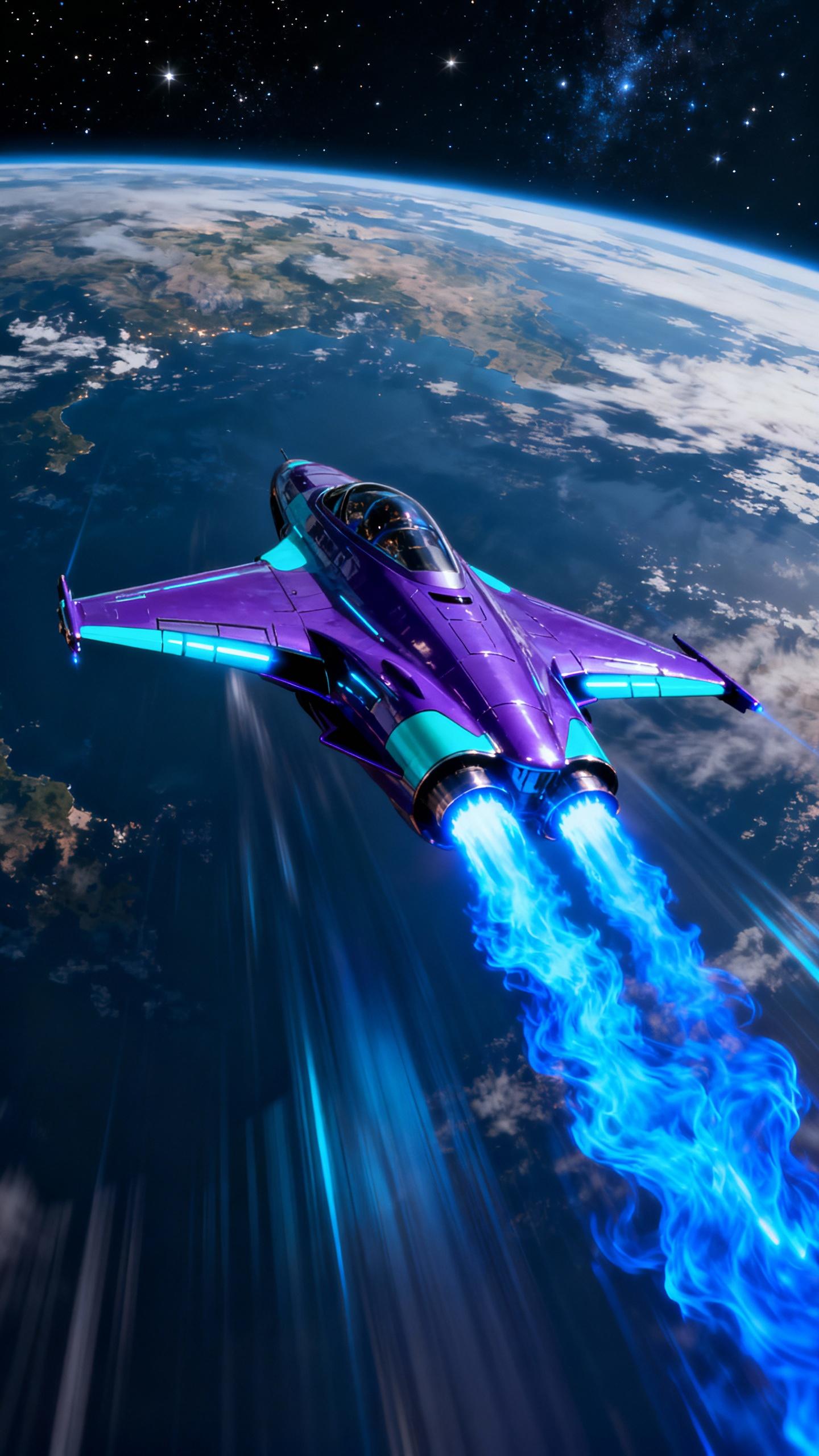A sleek, purple and turquoise, aerodynamic spacecraft, gliding at light speed, its surface shimmering with a glossy finish, the camera capturing the vibrant blue afterburner flames, as it soars towards the planet Earth.