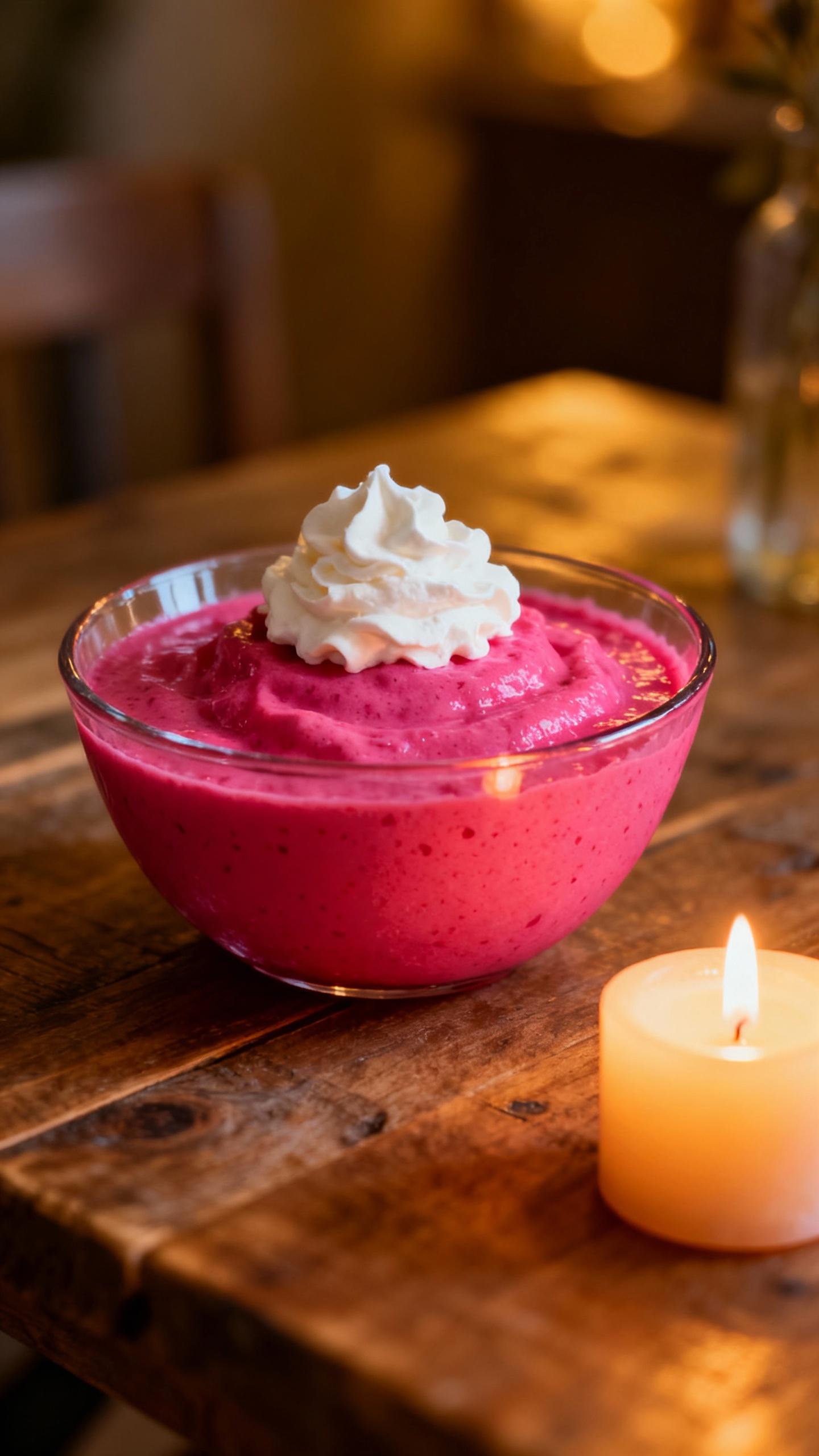 A vibrant bowl of bright pink pudding, with a dollop of whipped cream on top, set against a rustic wooden table, with a warm, inviting glow from a nearby candle.