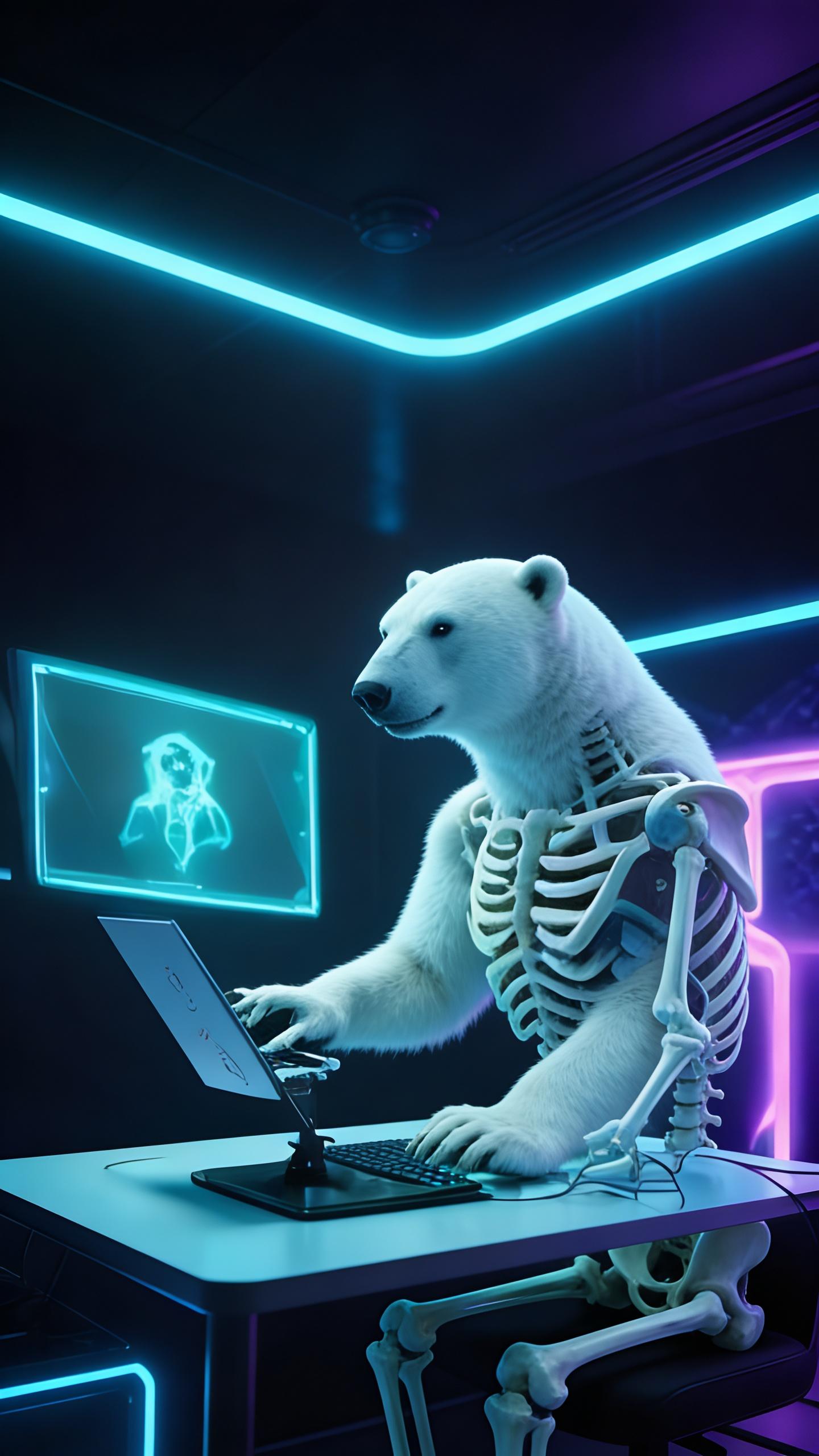 skeleton of polar bear skeleton using ai on computer, monitor and keyboard in futuristic cyberpunk gaming room, neon lights