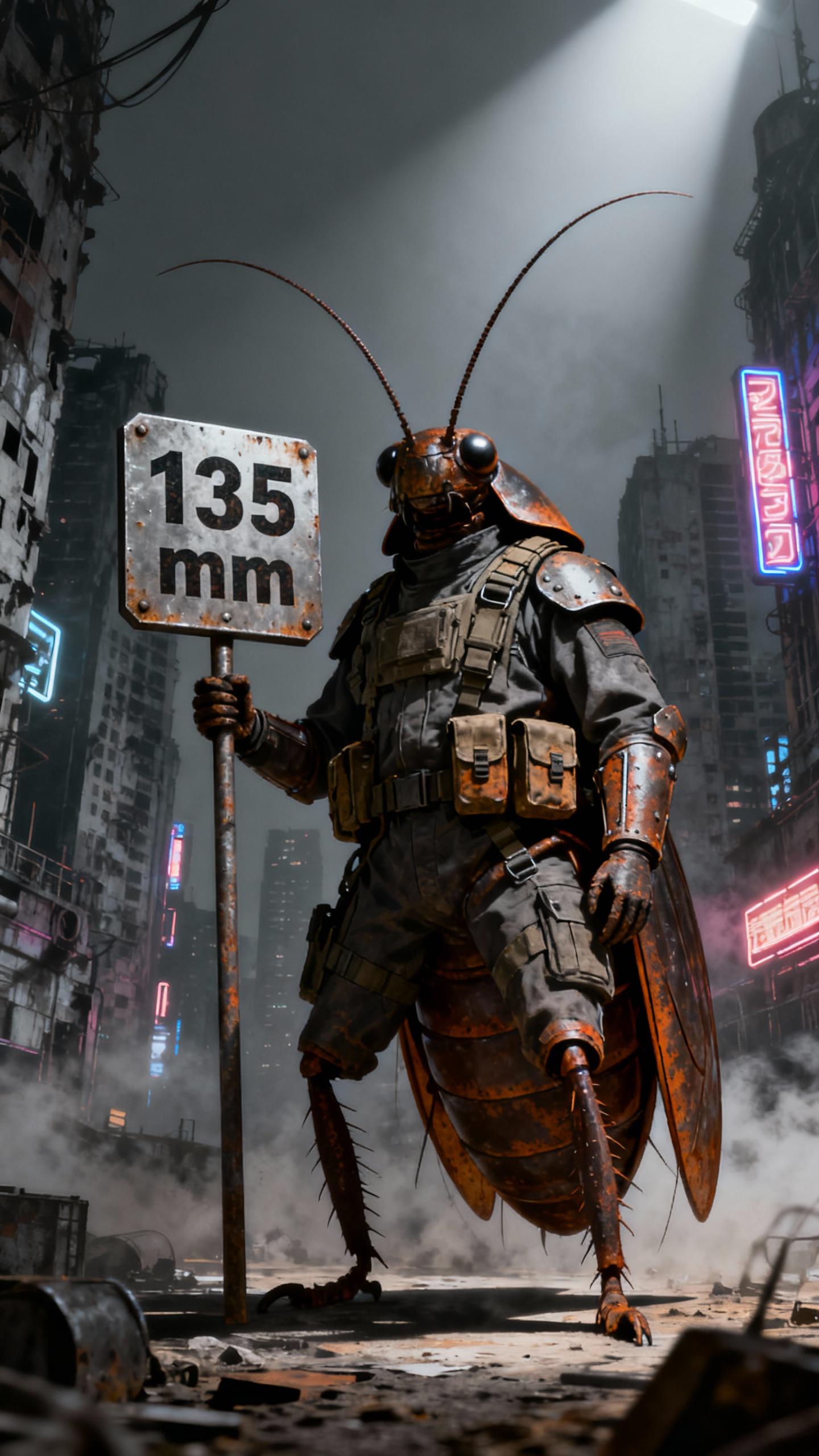 colossal cockroach wearing tactical gear uniform, standing upright and holding a metal sign with text: "135 mm" in dystopian city with sky scrapers