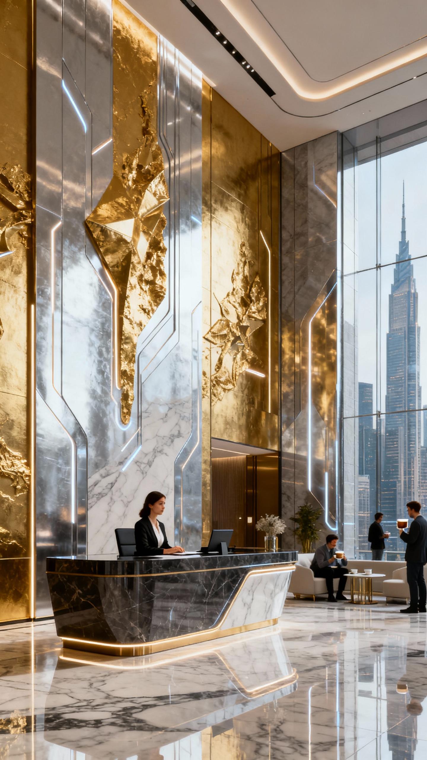 lobby of inside sky scraper, secretary woman sitting on large lobby reception of hotel. hotel guest drinking coffe, polished marble floor, gold and silver wall decorations, ultra luxury and futuristic