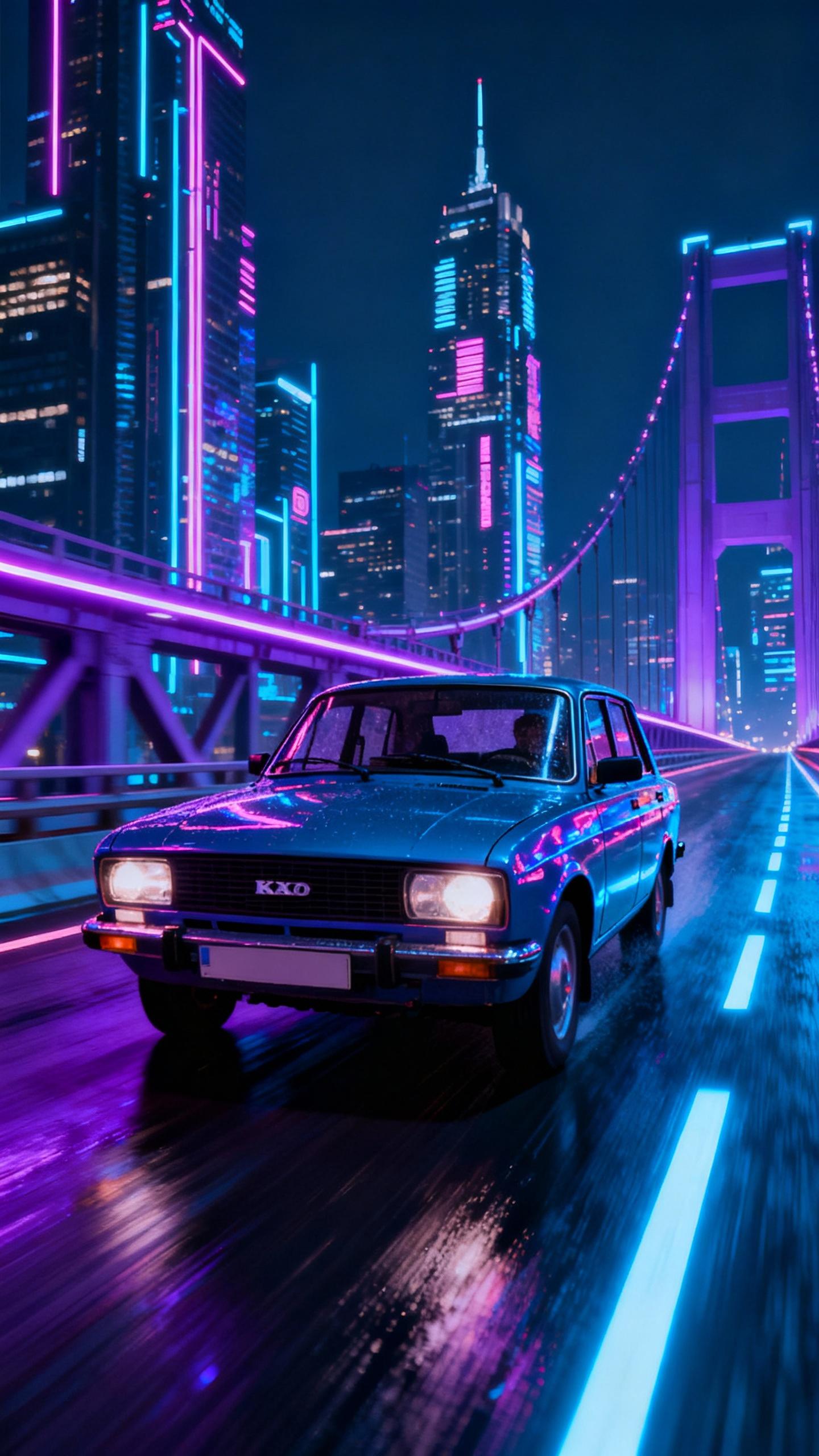 Lada driving fast on highway bridge in year 2107, futuristic cyberpunk city and neon lights