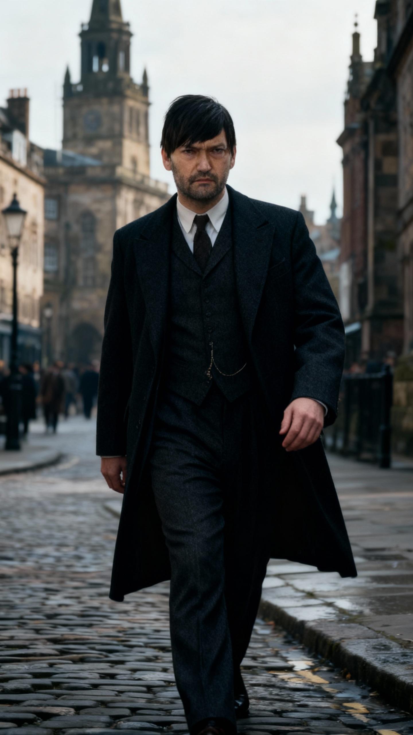 the man is wearing like thomas shelby, walking in historic city with serious look, cinematic dark color grading