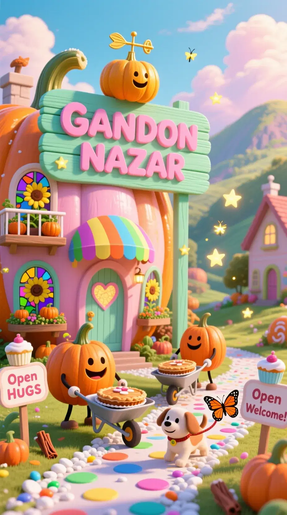 "GANDON NAZAR – The Pastel Pumpkin Paradise" A sun-drenched valley of gigantic, candy-colored pumpkins sparkles under a cotton-candy sky, their smooth pastel shells carved into cozy homes with: Rainbow-striped awnings over heart-shaped doorways Stained glass windows depicting smiling sunflowers Tiny balconies with mini pumpkin gardens Foreground Focus: A giant welcome sign in mint-green wood, with "GANDON NAZAR" in bubbly pink letters, topped with a golden pumpkin weathervane Cheerful pumpkin-people (plump bodies, tiny stick arms) pushing wheelbarrows of fresh-baked pies A polka-dot pathway made of crushed white pebbles and rainbow sprinkles Atmosphere &amp; Lighting: Glowing fireflies (shaped like tiny stars) float between houses Soft golden sunlight makes everything look lightly dusted with powdered sugar A gentle breeze carries the scent of cinnamon and caramel apples Adorable Touches: A pumpkin puppy (with a licorice leash) chasing a gingerbread butterfly "Open House" signs with cupcake-shaped posts ("All Zucchinis Welcome!") The shadow of the sign spells "HUGS" at noon Art Style: Studio Ghibli meets Lisa Frank—whimsical, sugary, and bursting with joy