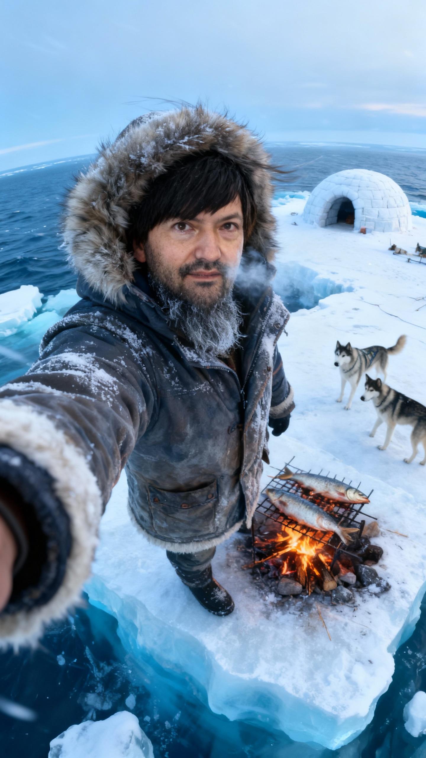 Wide-angle smartphone selfie, arm extended, cold breath visible.
Man wearing heavy Eskimo parka with fur hood, frost on fabric and beard.
Standing on an iceberg, fish grilling on open fire, igloo and husky dogs behind him, icy ocean surroundings.
Cold blue lighting, wind blowing snow, ultra-photorealistic.