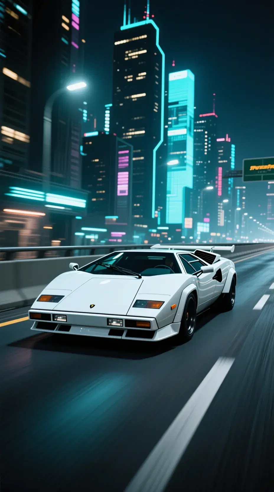 white lamborghini countach driving on highway in blade runner dystopian city at night