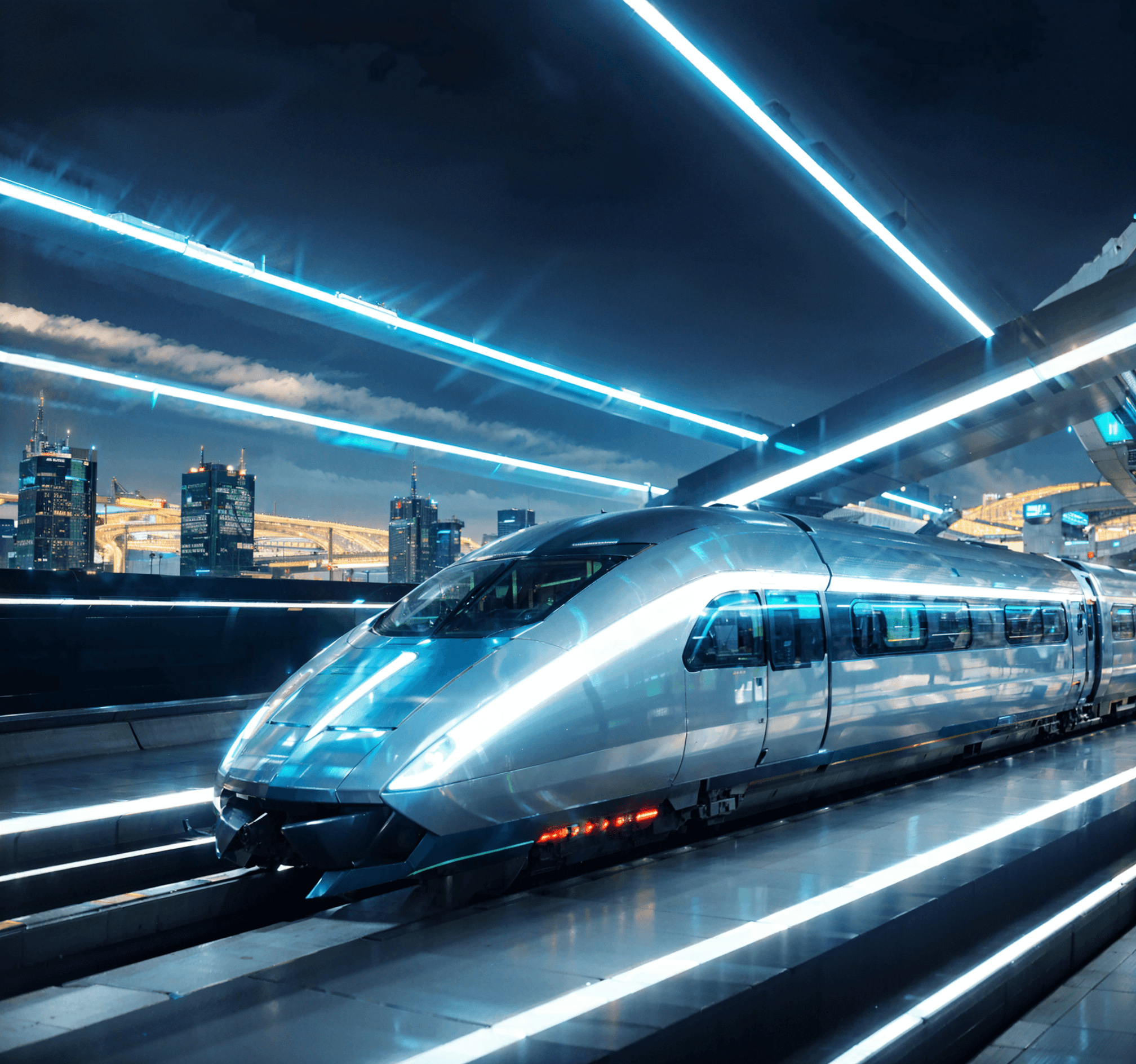 futuristic maglev train on railways in futuristic city with sky scrapers, neon lights