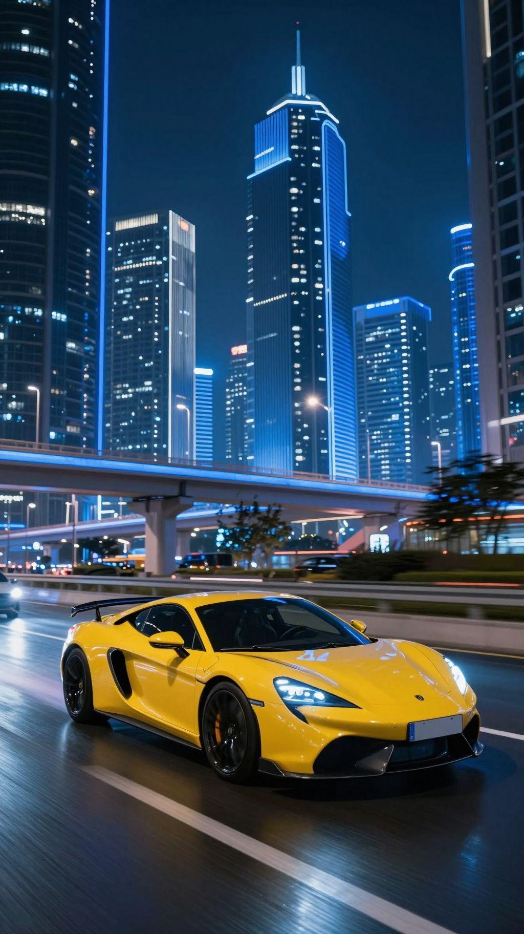 A sleek yellow sports car speeds through a futuristic cityscape at night, with towering skyscrapers illuminated by vibrant blue neon lights that trace the edges of buildings and elevated highways. The wet road reflects the glowing city lights, creating a dynamic sense of motion and energy under a clear dark sky. The composition captures the car in sharp focus against a slightly blurred background, emphasizing its speed and the high-tech urban environment.