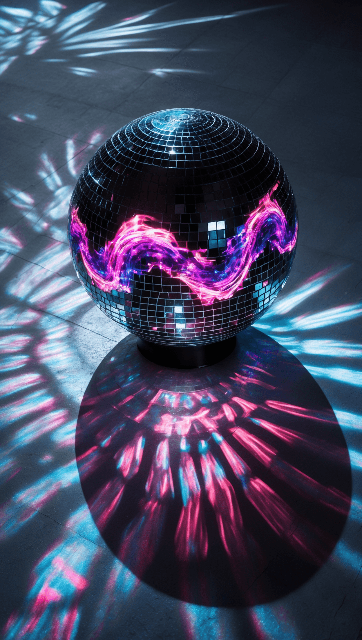 A large, glossy black disco ball with a mesmerizing light show, casting a dramatic shadow on the surrounding area.