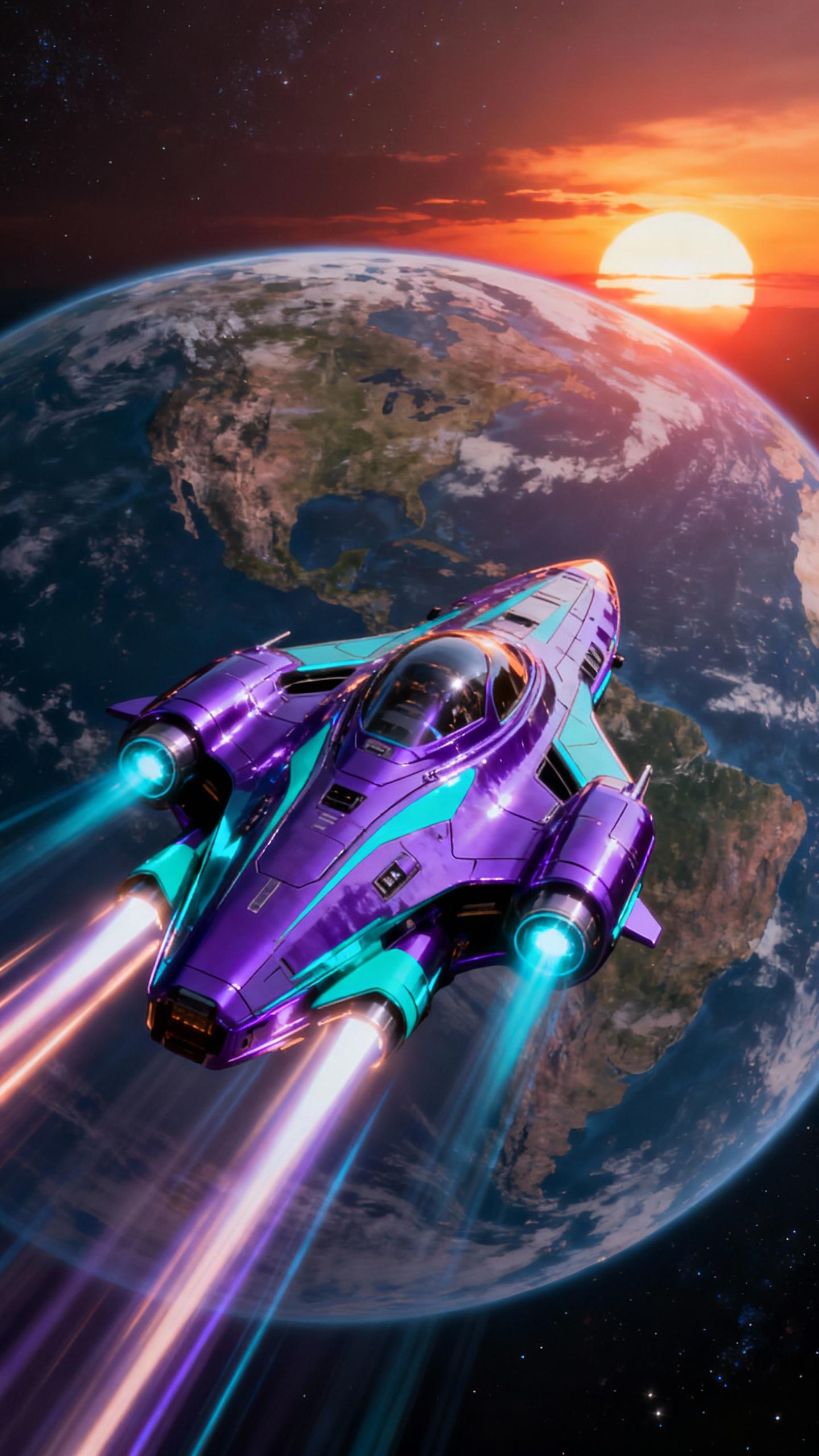 a very fast purple and turquoise futuristic space ship, glossy and aerodynamic exterior, flying at light speed from space to planet earth at sunset