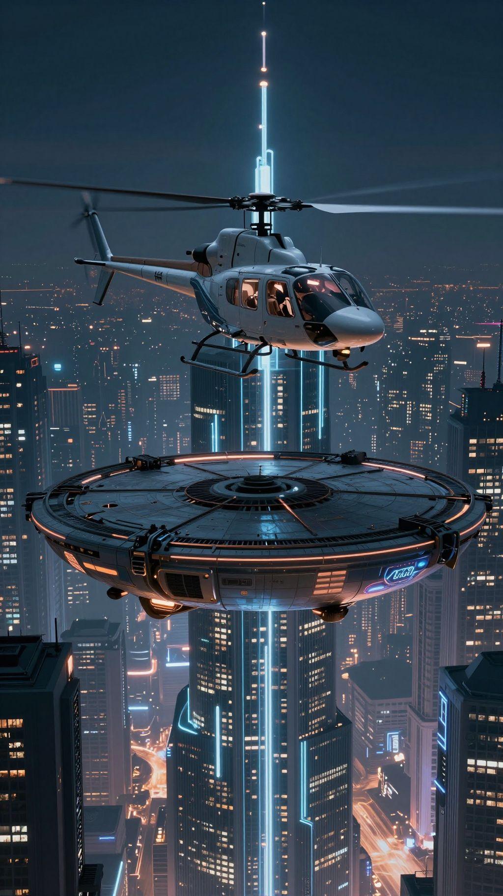 Robinson R22 Helicopter landing on futuristic helipod on sky scraper of cyberpunk city at night