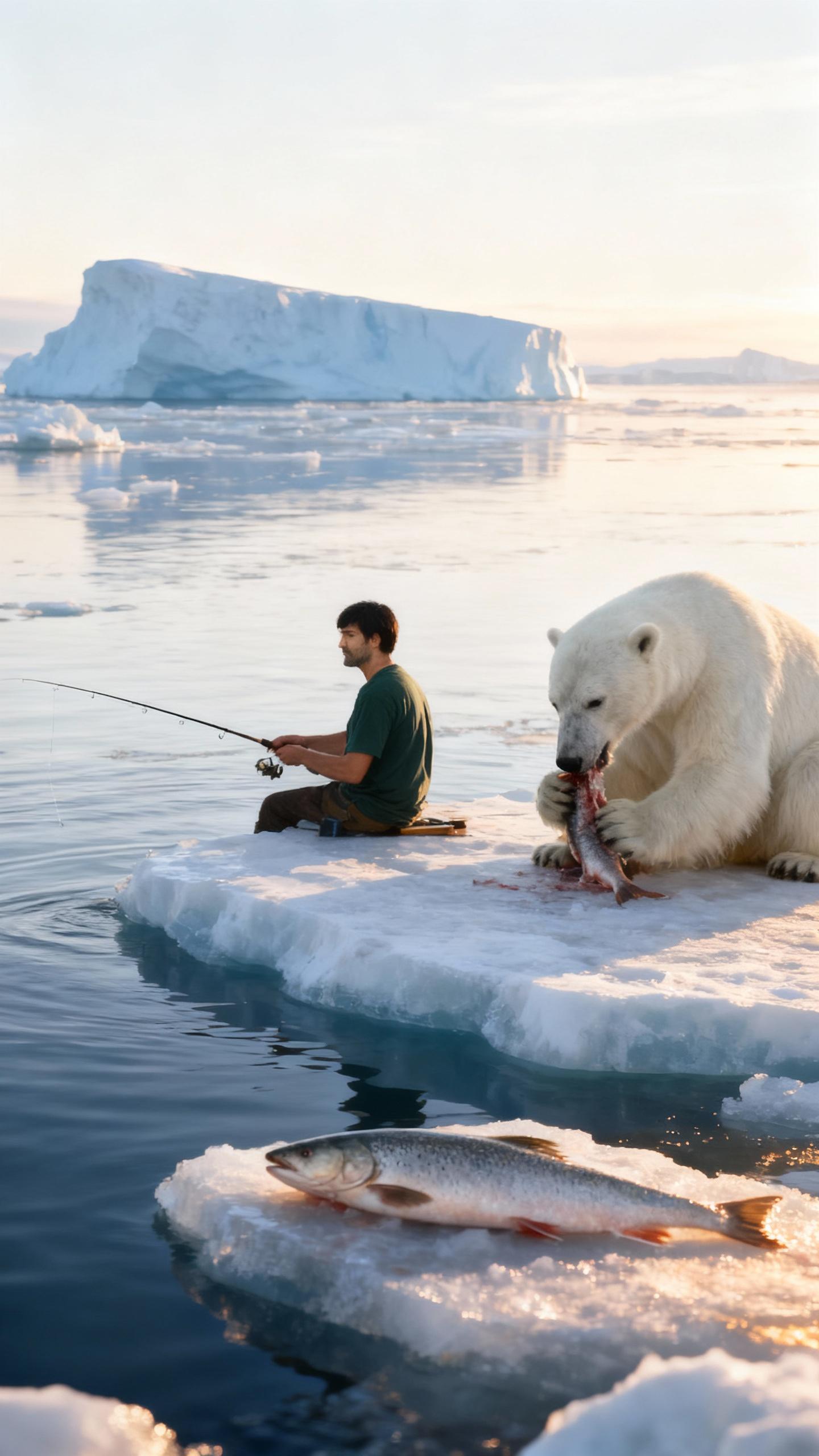 In the image, a man is seen engaging in the activity of fishing on a floating iceberg, which is the central focus of the composition. The man, positioned slightly off-center, is captured in profile, his figure outlined against the backdrop of the icy landscape. To his right, a white polar bear is seated, its attention directed towards the salmon it is consuming. The polar bear's presence adds a sense of scale and majesty to the scene, while the salmon provides a vibrant splash of color against the otherwise monochromatic setting. The lighting is natural, with the sun casting a warm glow on the scene, enhancing the textures of the ice and the salmon. The image is a testament to the beauty of nature and the unique interactions between its inhabitants.