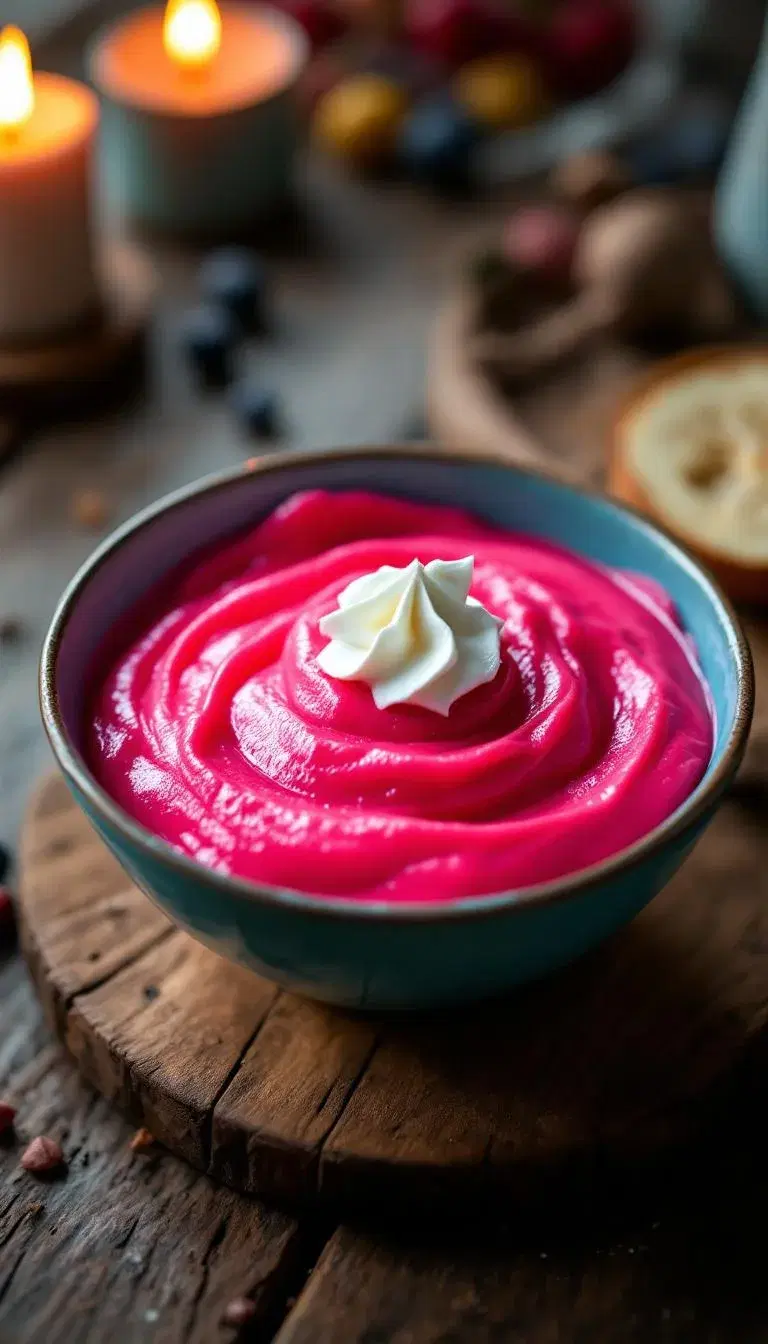 A vibrant bowl of bright pink pudding, with a dollop of whipped cream on top, set against a rustic wooden table, with a warm, inviting glow from a nearby candle.