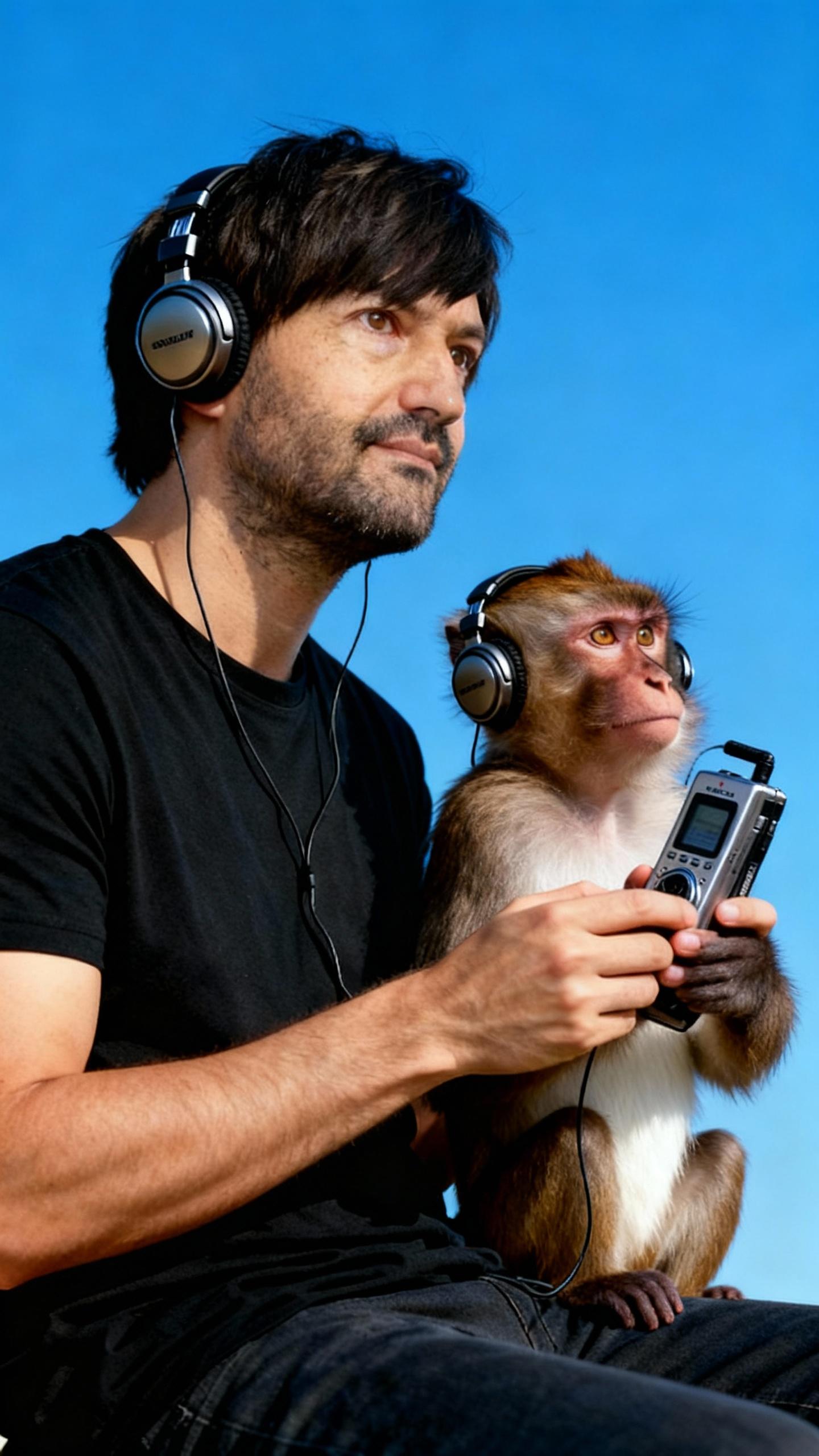 man and monkey side by side, both listening to music, same expression