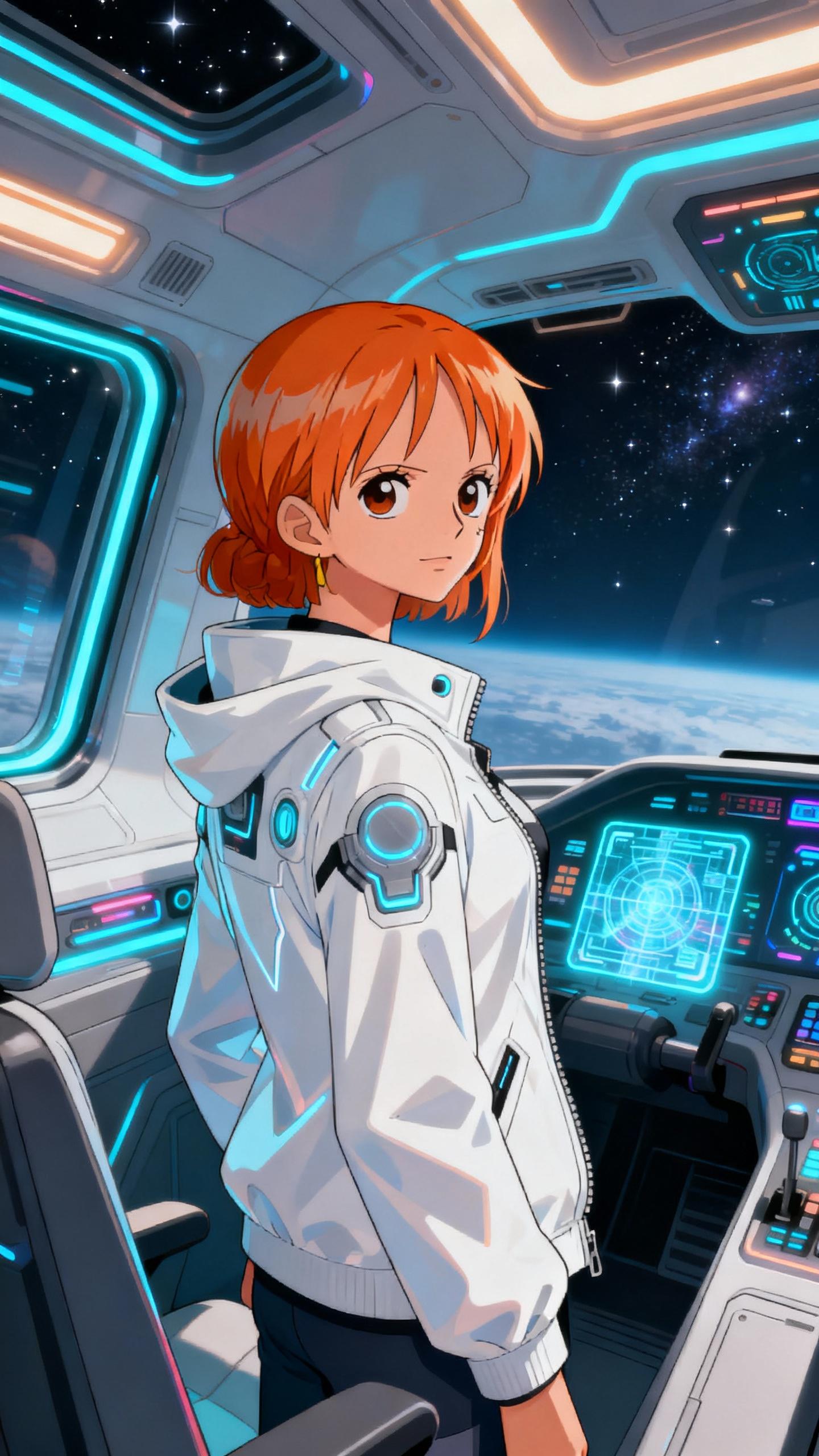 nami from one piece wearing white jacket in futuristic space ship