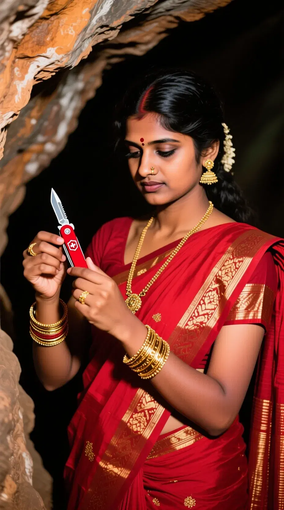 young indian woman wearing red saree and opening her golden bracelet with red Swiss Army Knife in cave
