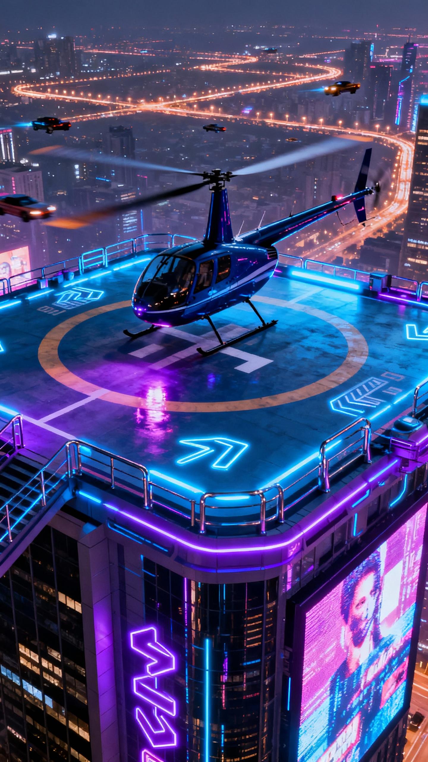 Robinson R22 Helicopter landing on futuristic airport helipad on sky scraper of cyberpunk city at night
