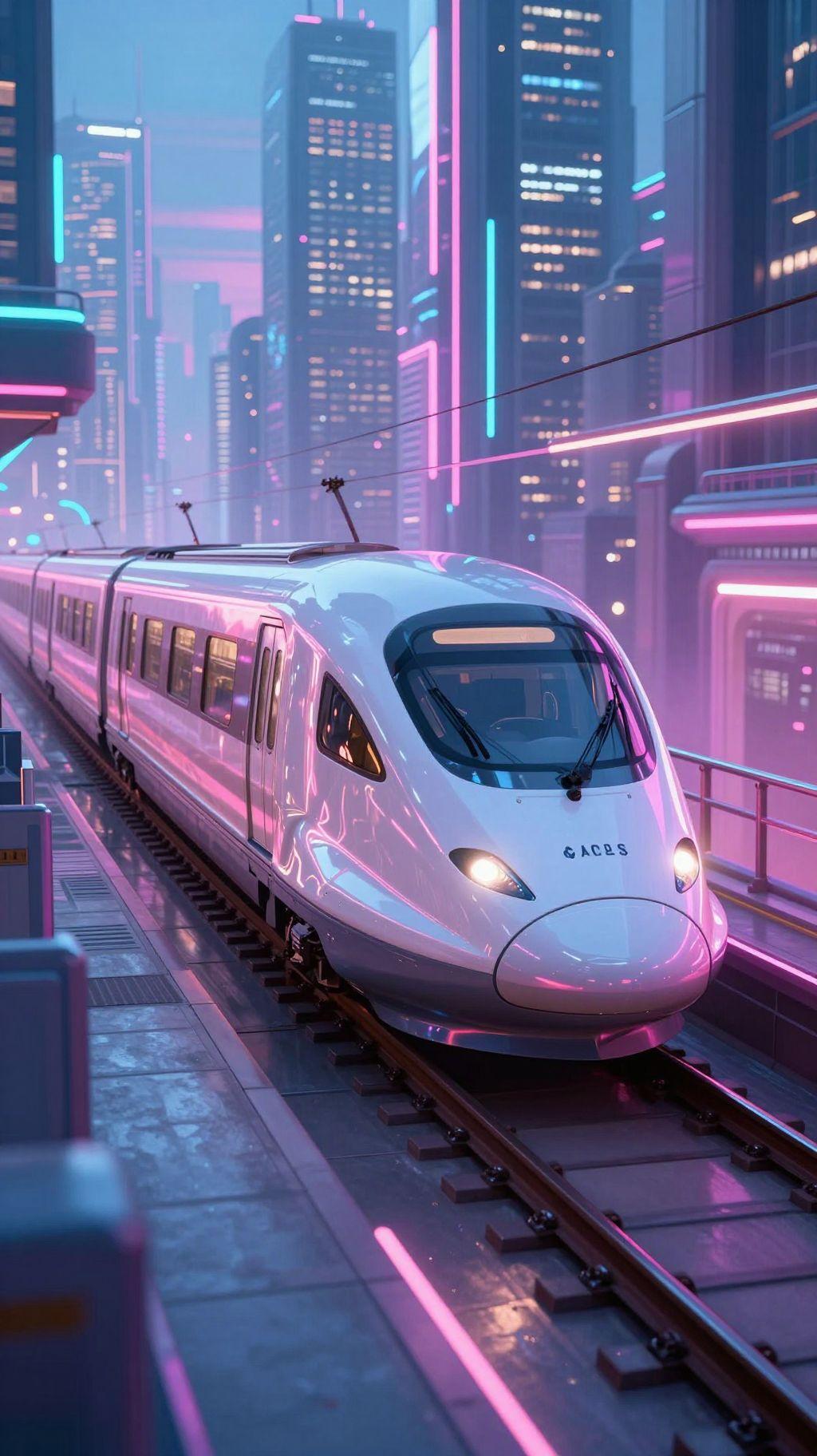 In the heart of a bustling futuristic city, a sleek, high-speed maglev train glides along the neon-lit railway, its metallic surface reflecting the vibrant cityscape. The train's interior is bathed in a soft, ethereal glow, while the city's towering skyscrapers stretch towards the neon-lit sky, creating a mesmerizing contrast between the old and the new.