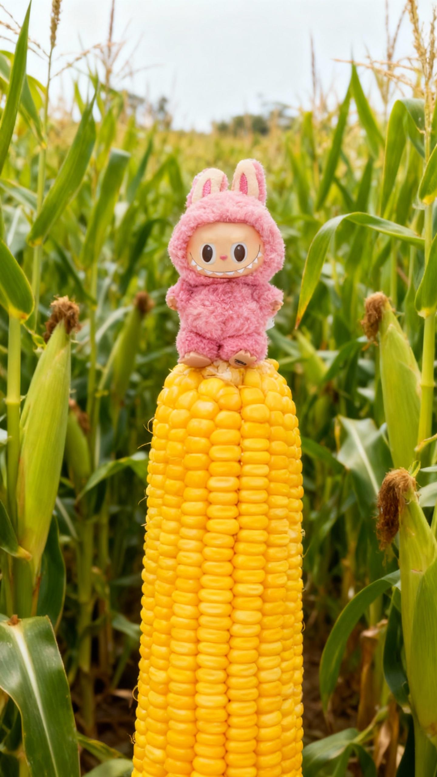tiny pink labubu rabbit sitting on colossal vertical corn in corn field