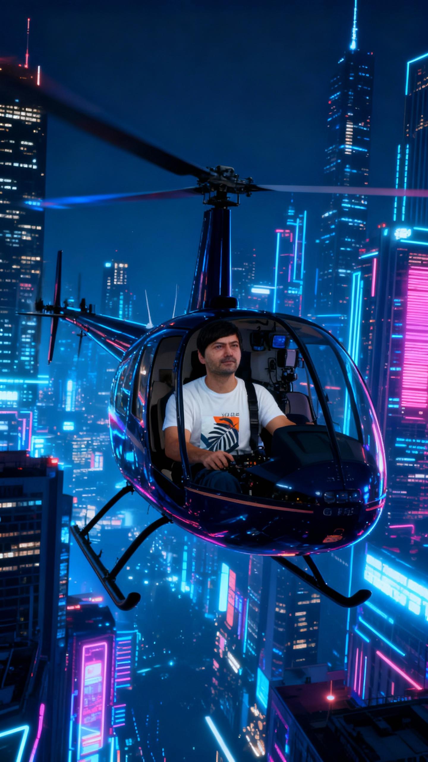 the man is pilot of Robinson R22 Helicopter flying in futuristic cyberpunk city with sky scrapers at night
