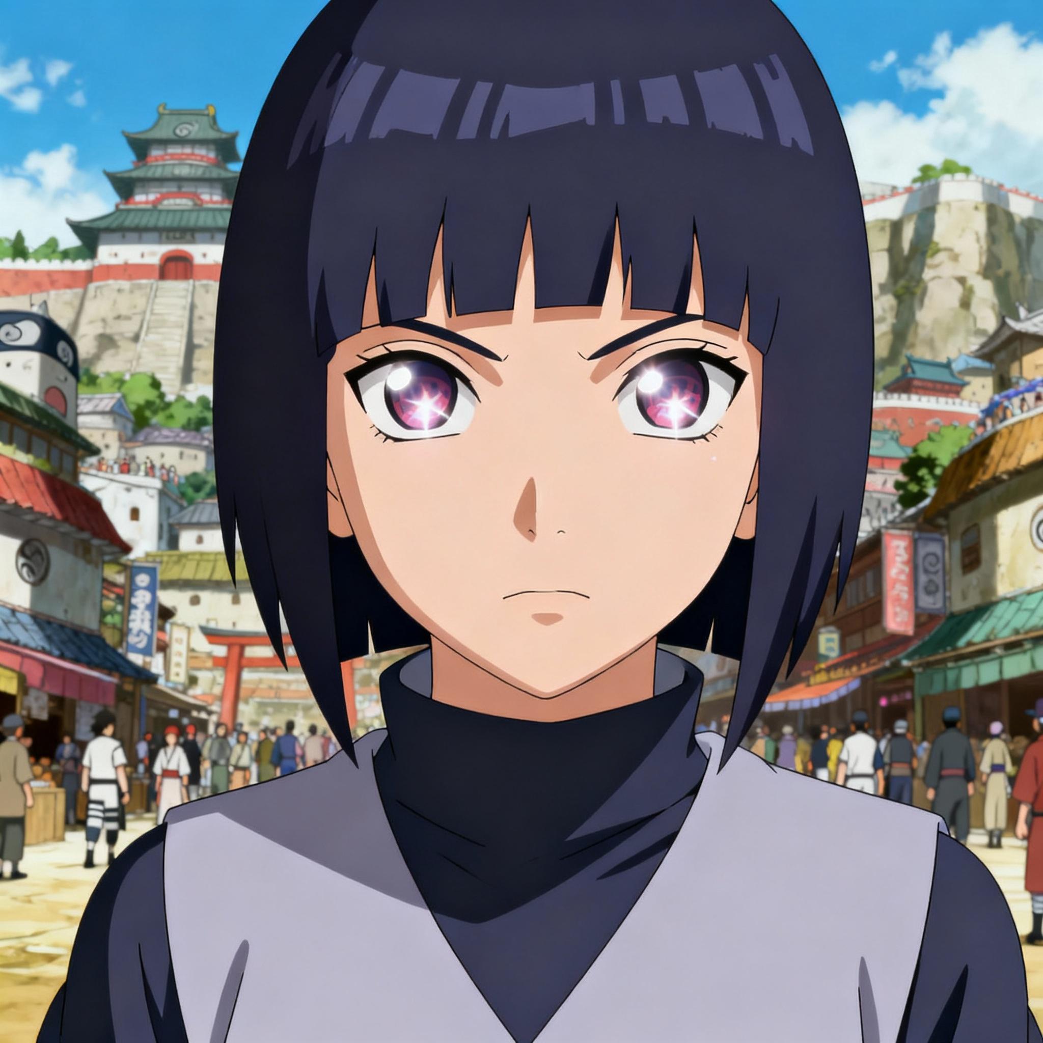 Close-up of Hinata Hyuga, her eyes sparkling with determination, set against the backdrop of a bustling Konoha village, capturing the essence of her character in the ANIME style.