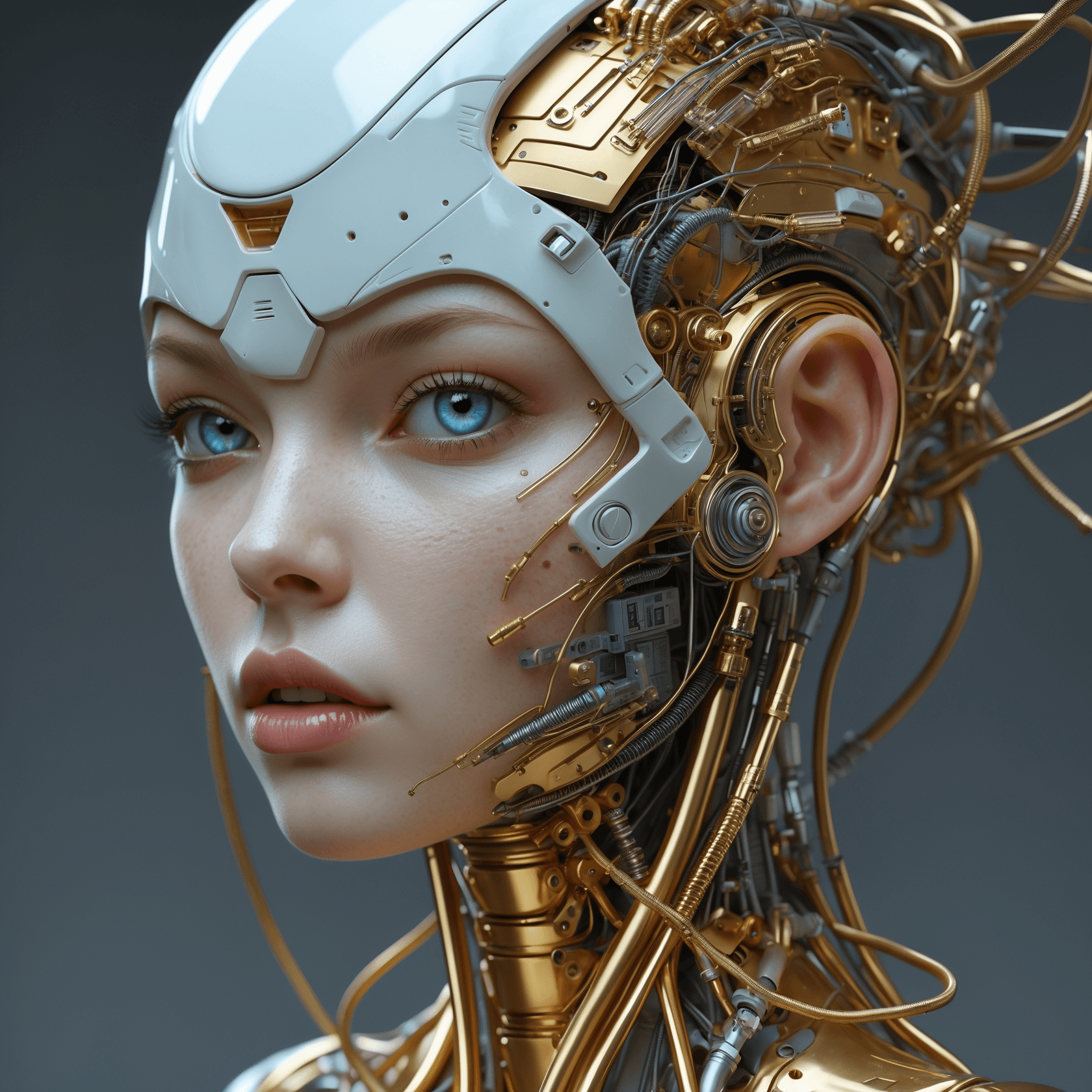 "A stunning portrait of a futuristic cyborg woman with delicate facial features and a complex network of gold mechanical components integrated into her head and neck. She has a white helmet-like structure covering part of her face, revealing expressive eyes. The overall aesthetic is highly detailed, realistic, and reminiscent of concept art for a sci-fi film. Soft lighting enhances the contrast between the organic and metallic elements."