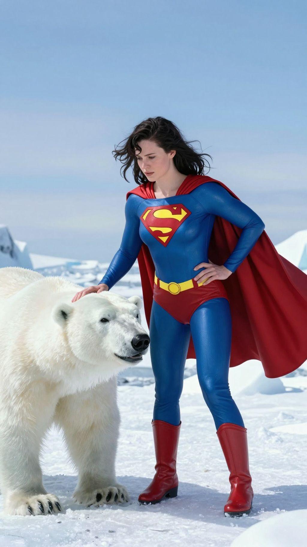 superman woman female girl saving hungry polar bear in antarctica
