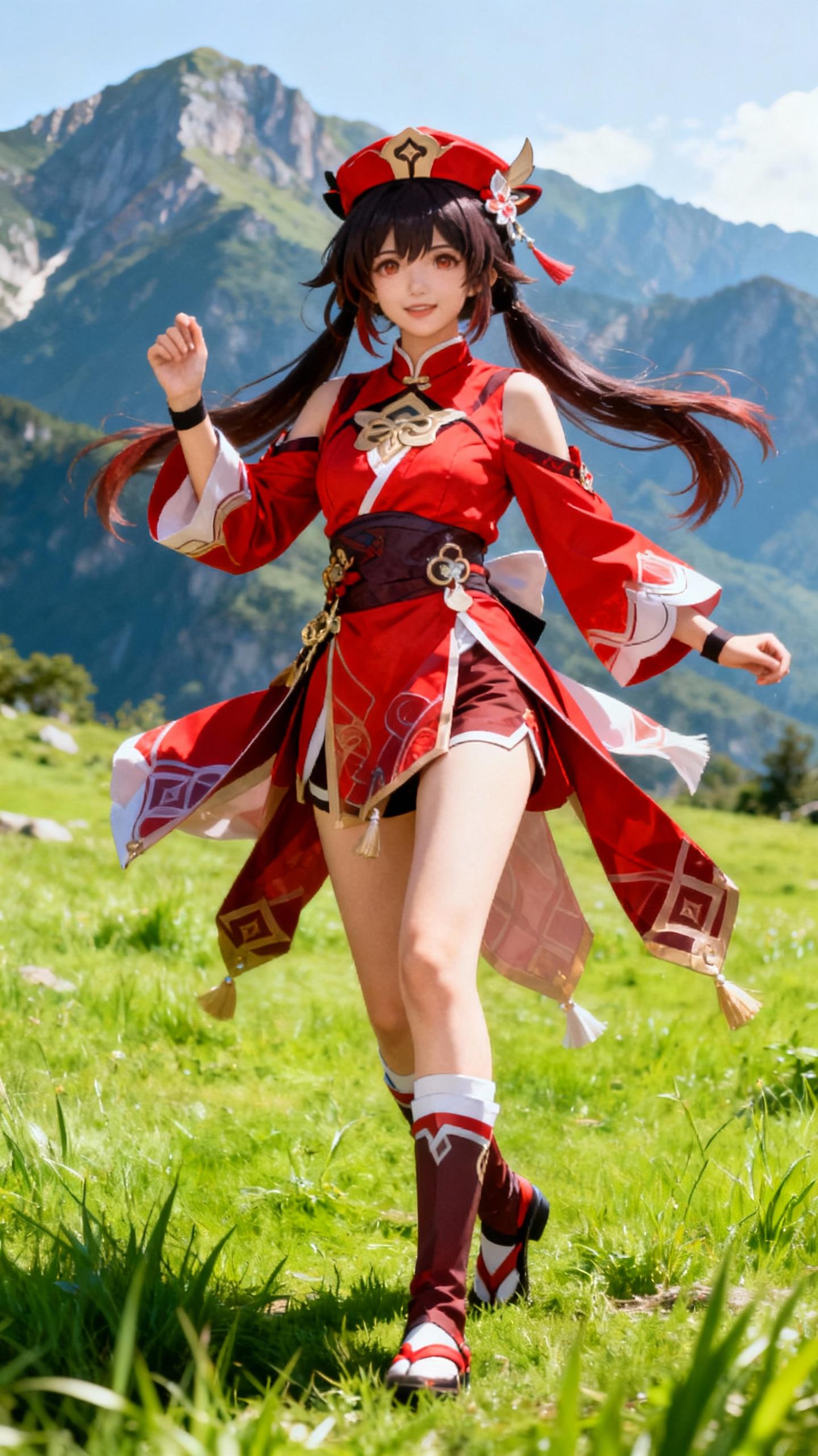 anime style, woman wearing red genshin impact cosplay, outdoors, standing on green grass with mountains in the background, vibrant colors. Full body view.