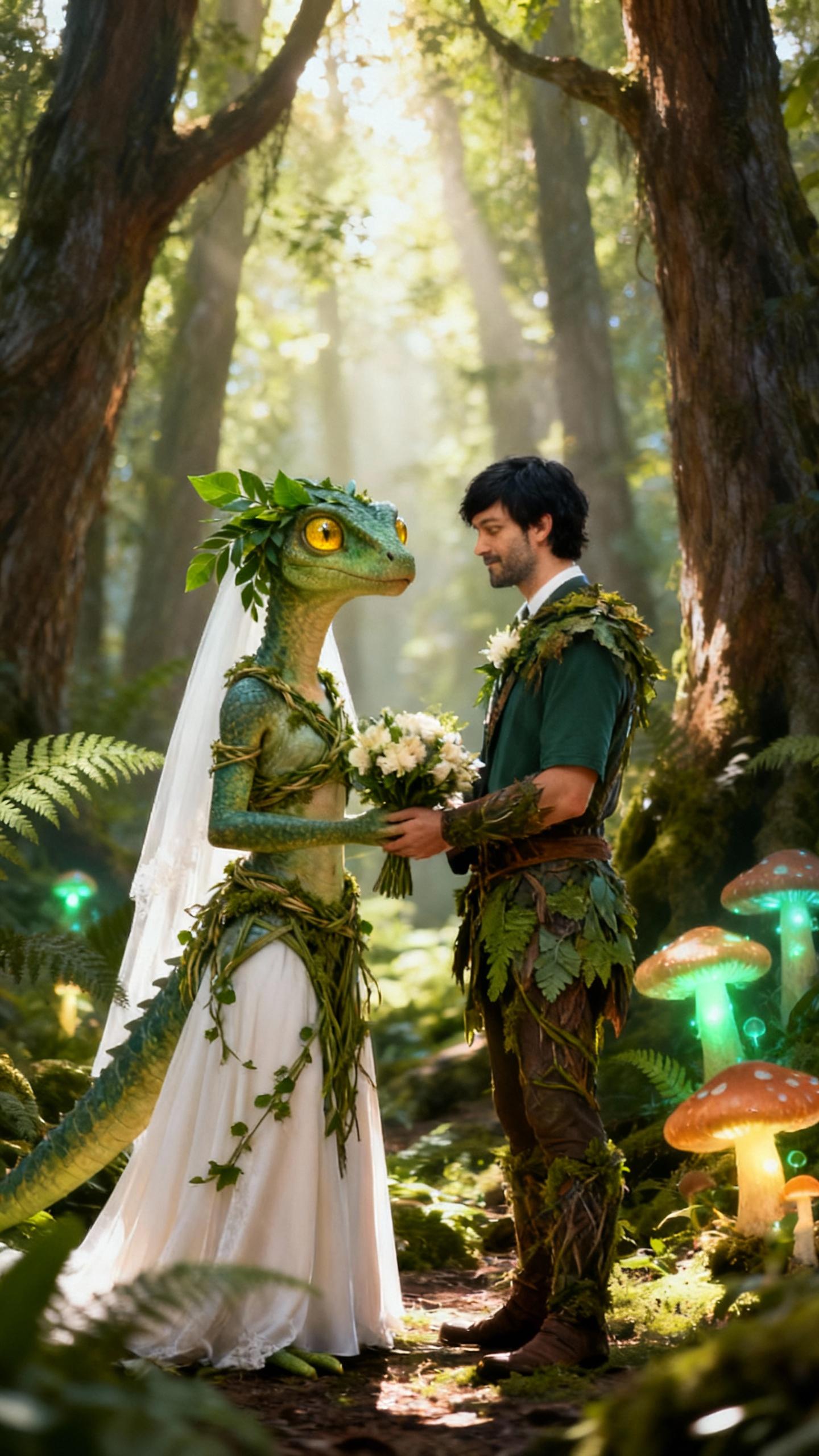 female yibanazavr and man wedding in forest