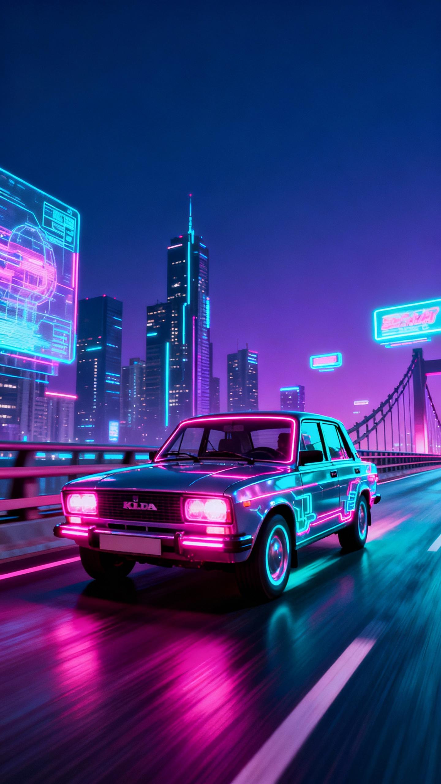 Lada driving fast on highway bridge in year 2107, futuristic cyberpunk city and neon lights
