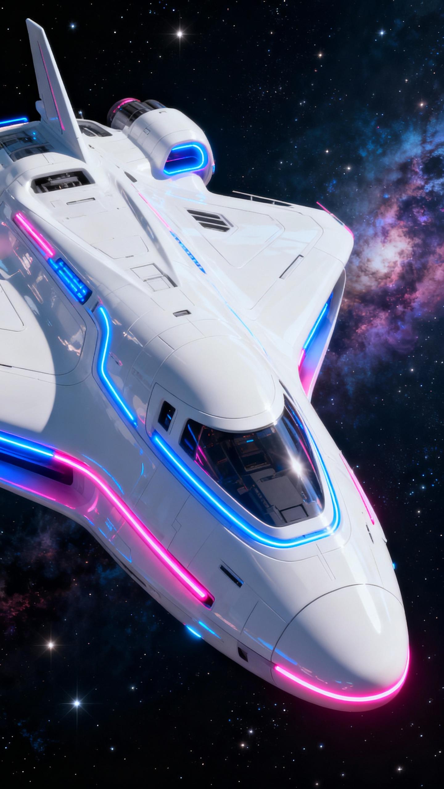 A highly detailed photorealistic rendering of a sleek, pure bright white glossy futuristic spaceship exterior. The ship is equipped with smooth curves and neon blue and pink accent lighting integrated into the hull, creating a sense of advanced technology. The ship is in deep space with visible stars and nebulae in the background. The overall mood should be awe-inspiring and technologically advanced.