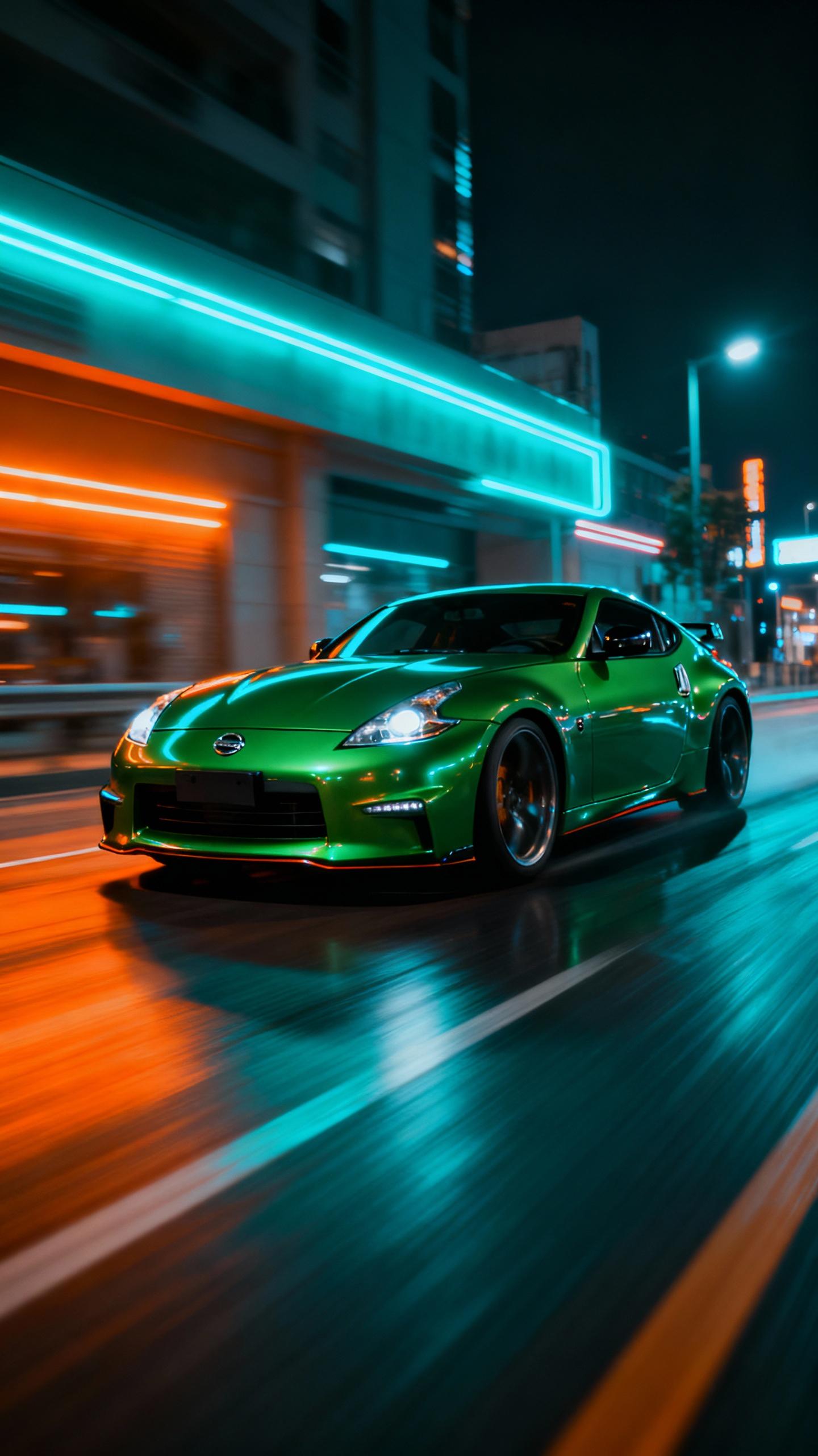 green metallic nissan 370z driving fast in need for speed game at night, motion blur, cyan and orange neon lights