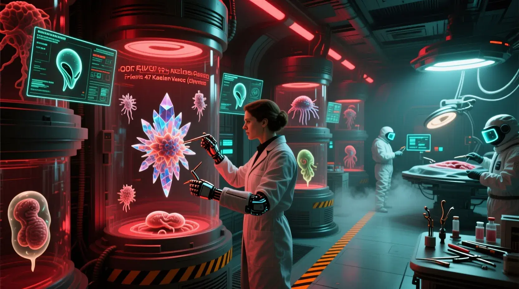 masterpiece, best quality, photorealistic, 8k, ultra-detailed, atmospheric containment lighting,
The xenobiology containment wing where alien lifeforms from 47 worlds are studied,
Dr. Kaelen Vance (Elyra's spouse) examines a crystalline lifeform through multi-spectral containment field, his four augmented arms manipulating delicate instruments,
Tiered containment chambers with transparent walls, each housing bizarre alien organisms: floating gas-beings, silicon-based crystal creatures, plasma entities,
Biometric holograms display alien physiologies in rotating 3D models, with analysis in glowing alien script,
Quarantine protocols in effect - red containment lighting casts long shadows, sterilization mist periodically fills corridors,
Research assistants in full environmental suits with helmet HUDs showing live data streams, collecting samples with precision tools,
Specimen preservation tanks with alien embryos in suspended animation, glowing with soft biological light,
Advanced surgical theater for xenobiological dissection, tools designed for completely unfamiliar anatomies,
Clean-room aesthetics with orange hazard striping, sense of cautious wonder and contained danger.
